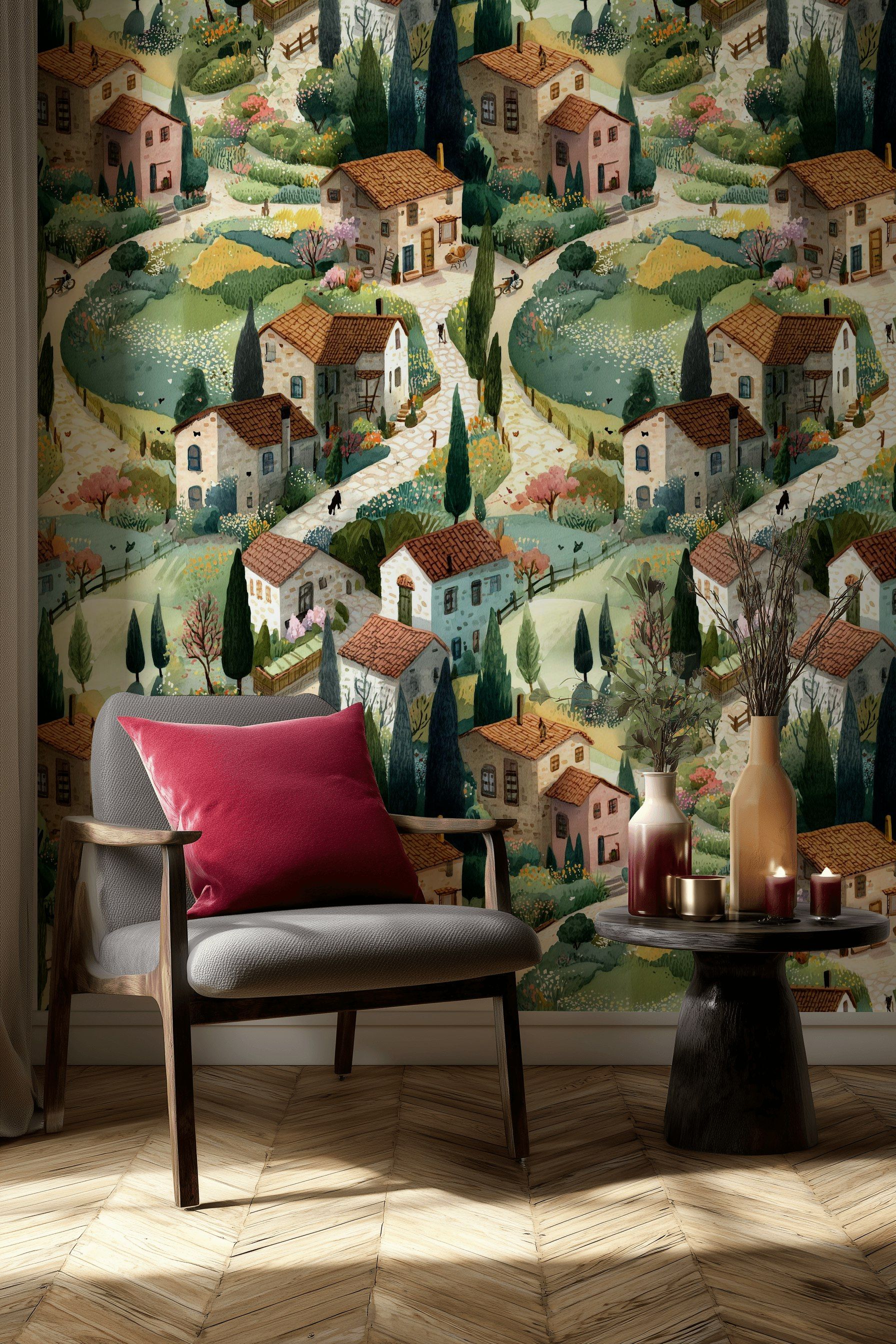 Charming Village Landscape Wallpaper