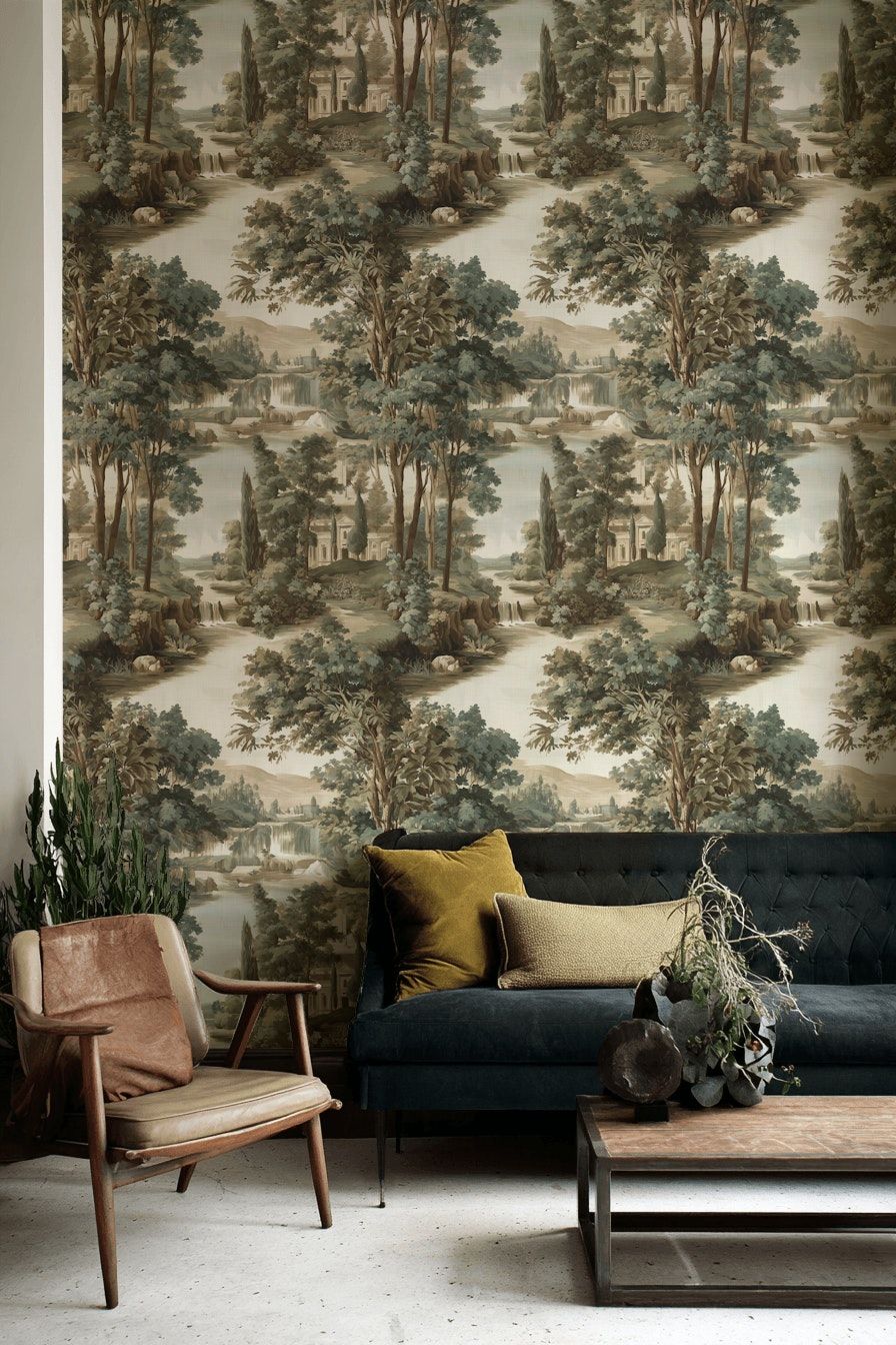 Muted Green and Beige Scenic Landscape Wallpaper