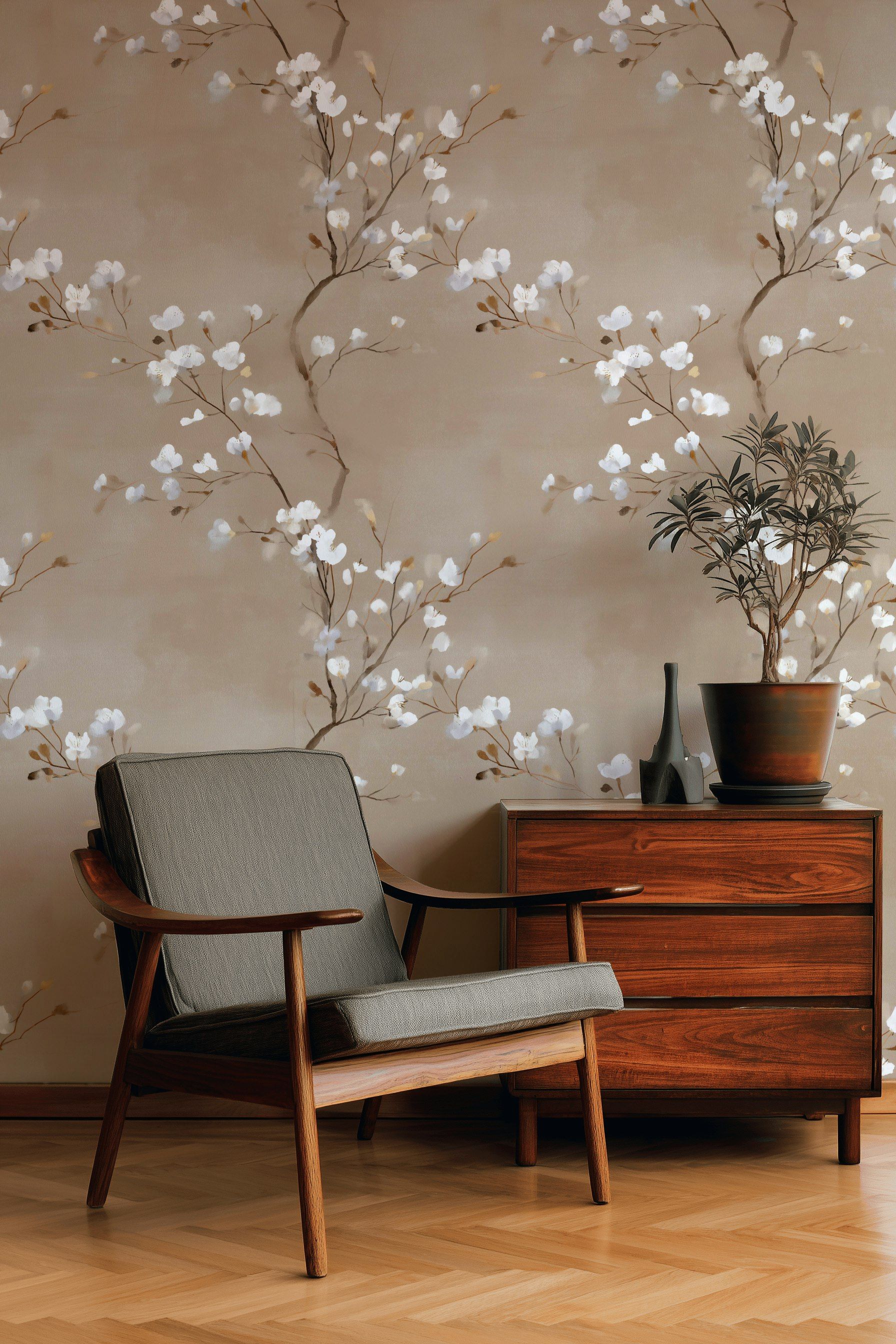 Beige Background Cherry Blossom Floral Wallpaper