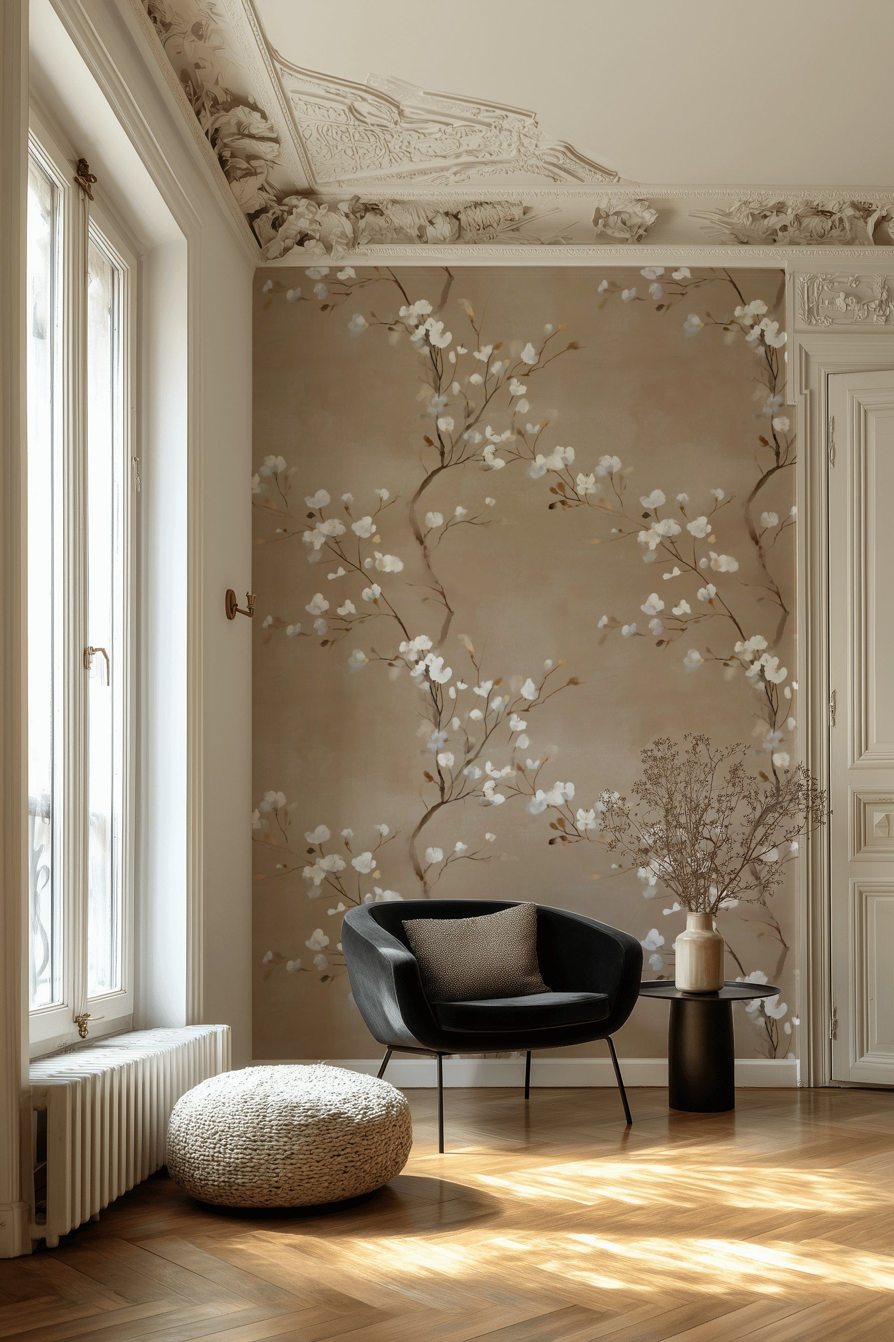 Beige Background Cherry Blossom Floral Wallpaper