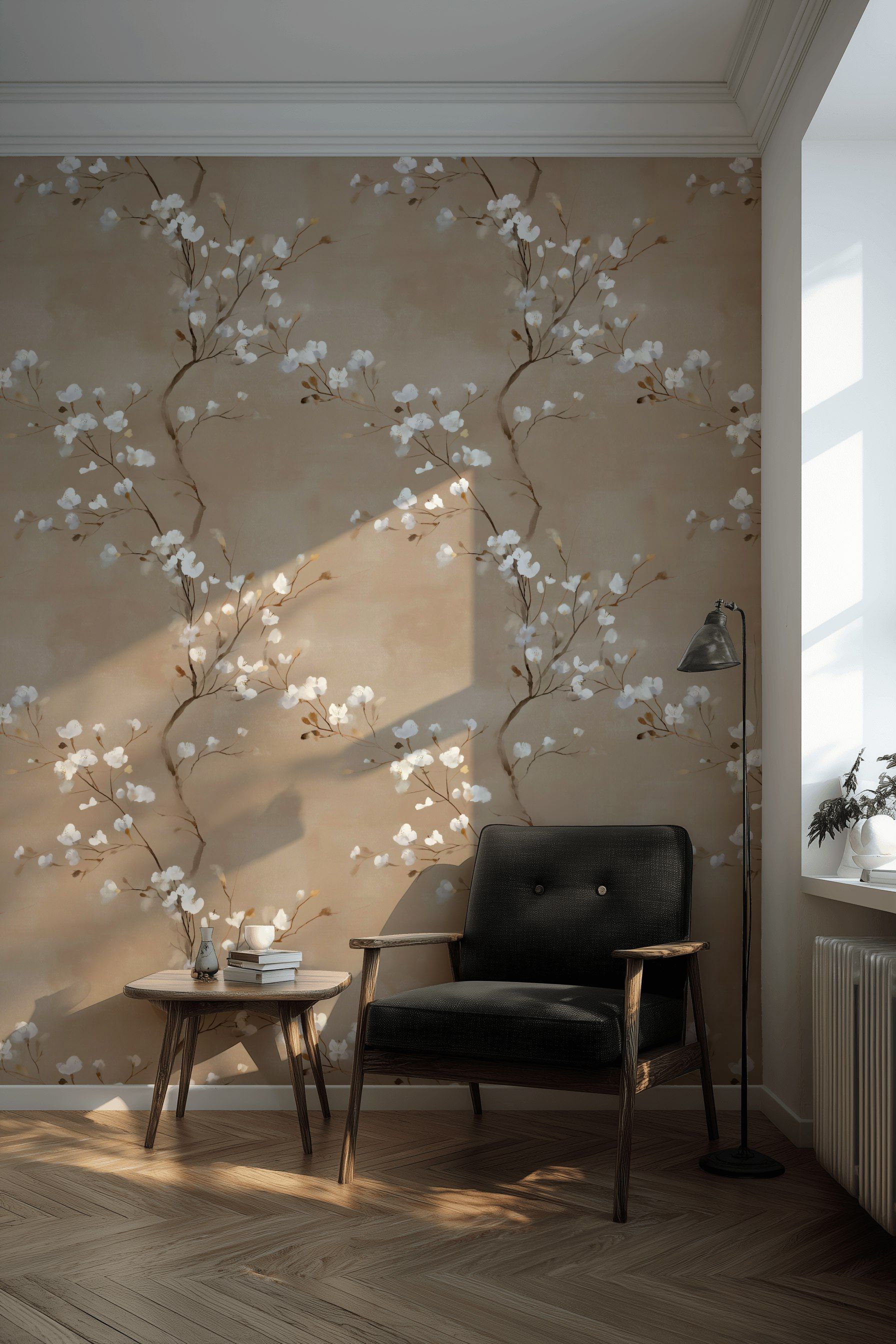 Beige Background Cherry Blossom Floral Wallpaper