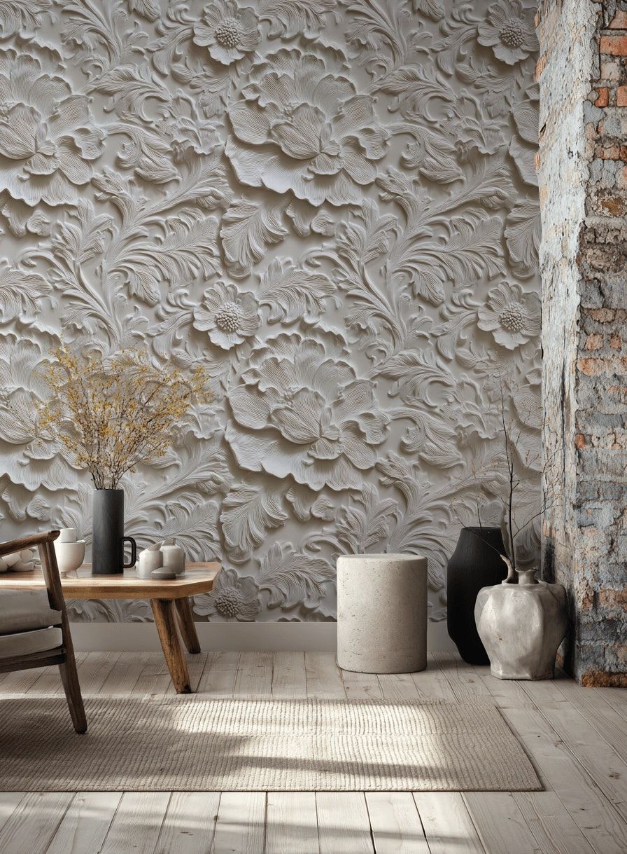 Elegant Cream 3D Peony Floral Wallpaper
