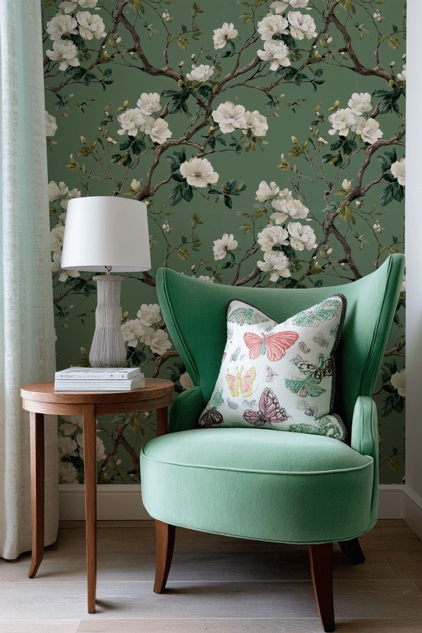 Botanical Floral Wallpaper Green Vintage Wall Mural