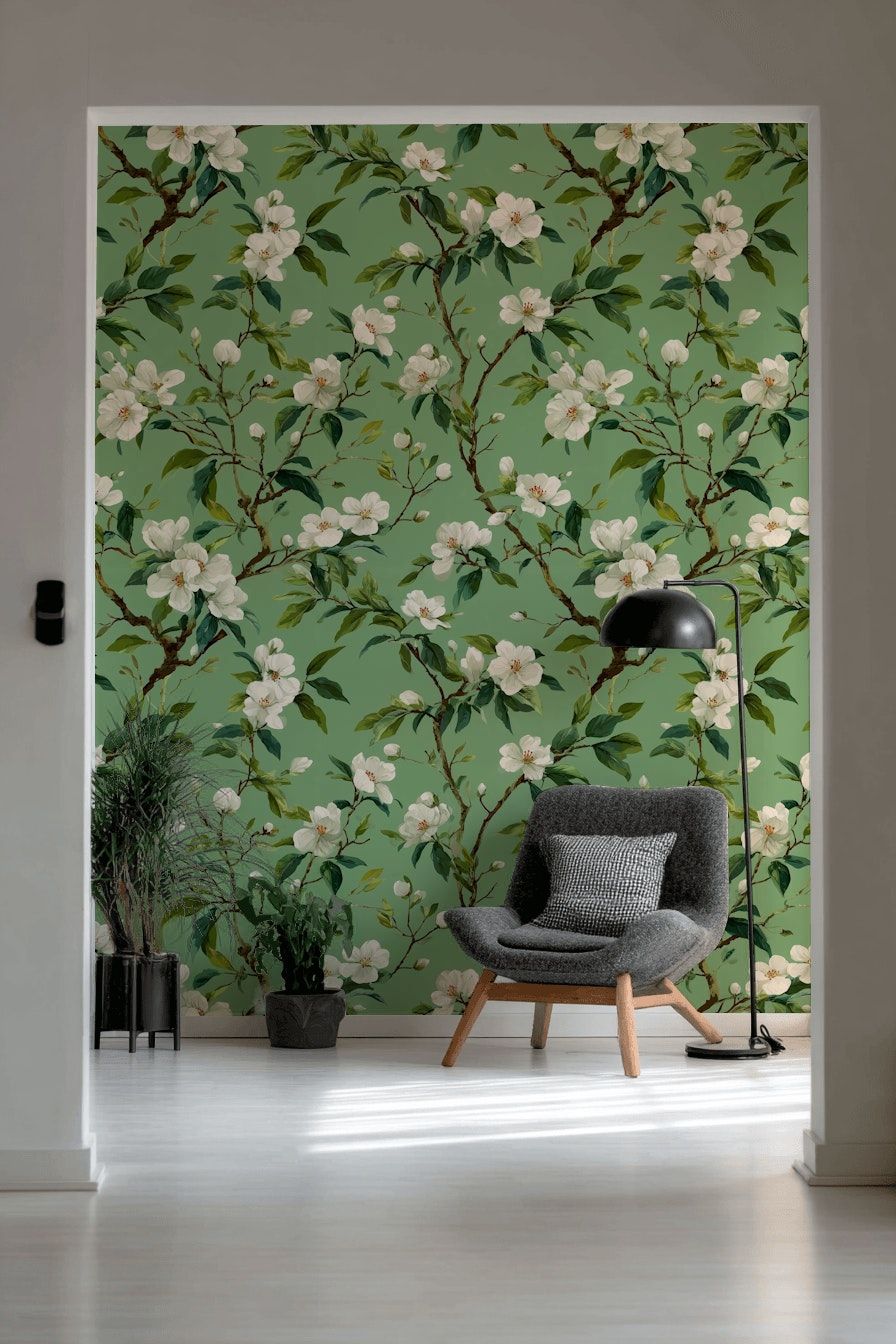 Sage Green Cherry Blossom Floral Wallpaper
