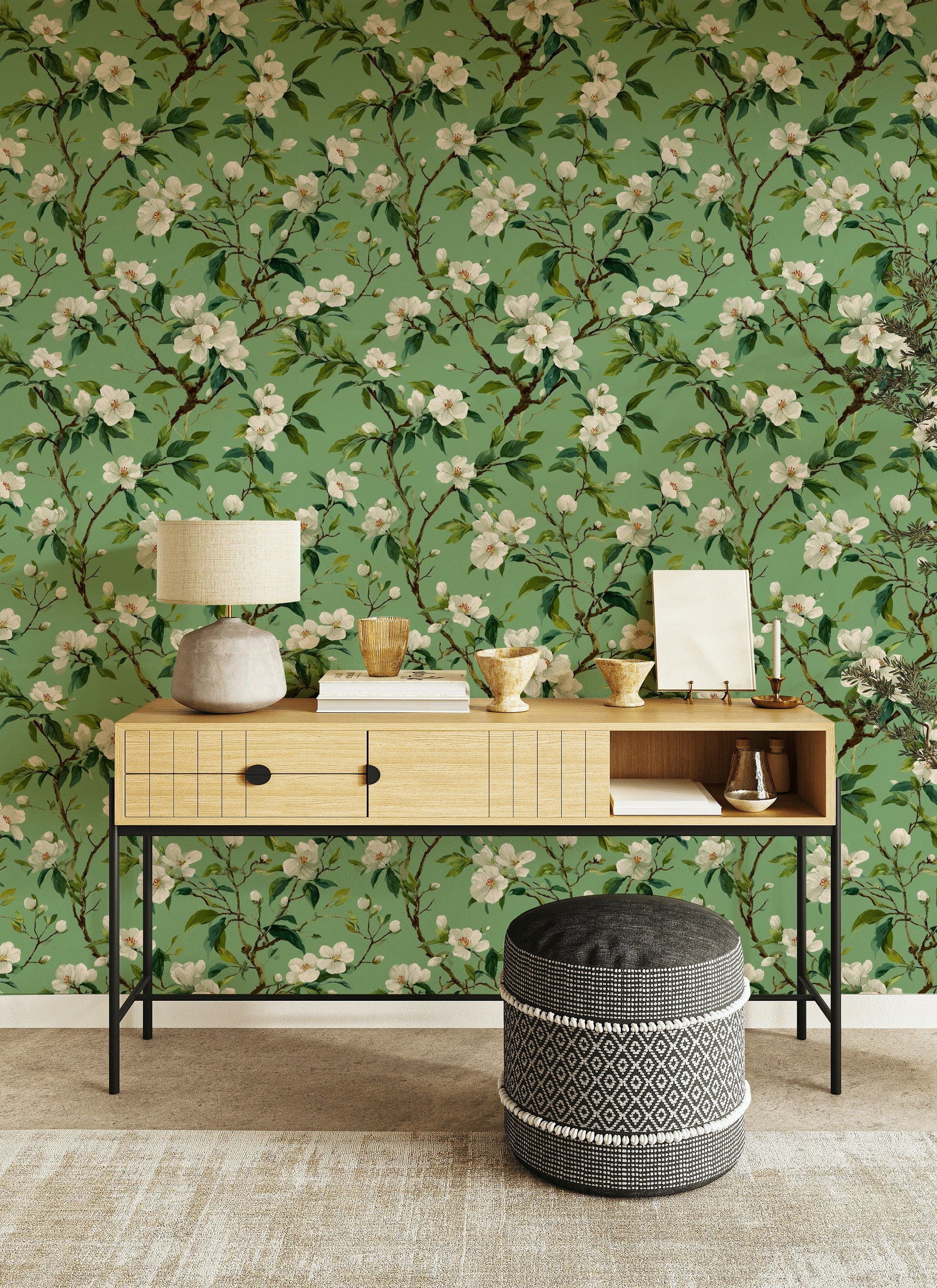 Sage Green Cherry Blossom Floral Wallpaper
