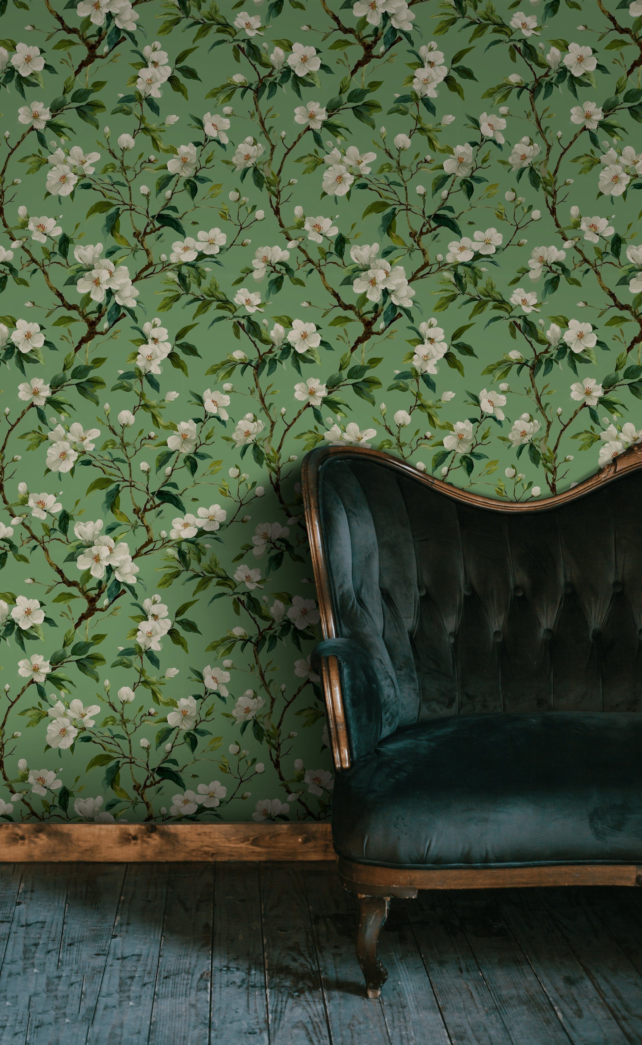 Sage Green Cherry Blossom Floral Wallpaper