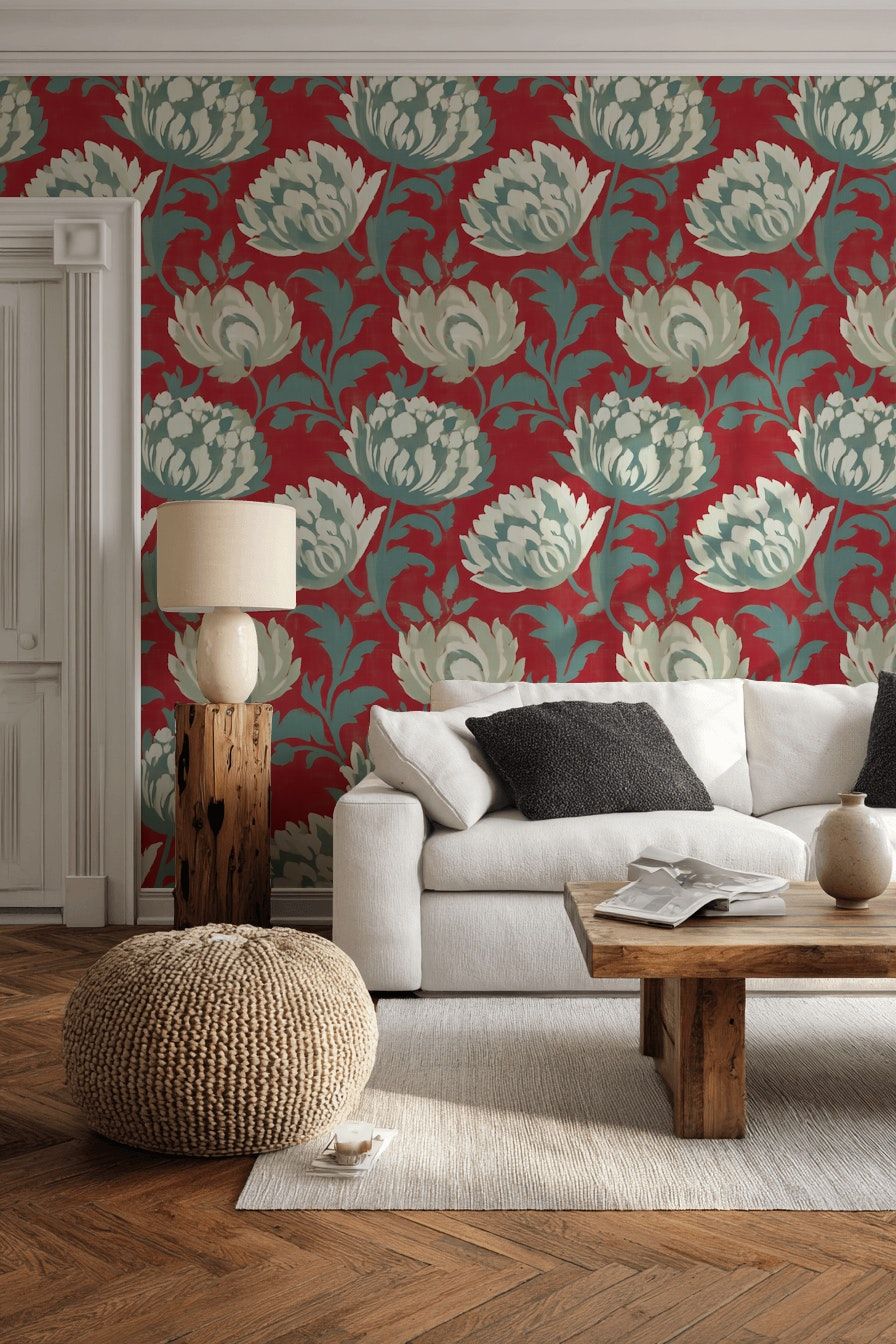 Crimson Red with Teal Large Floral Wallpaper