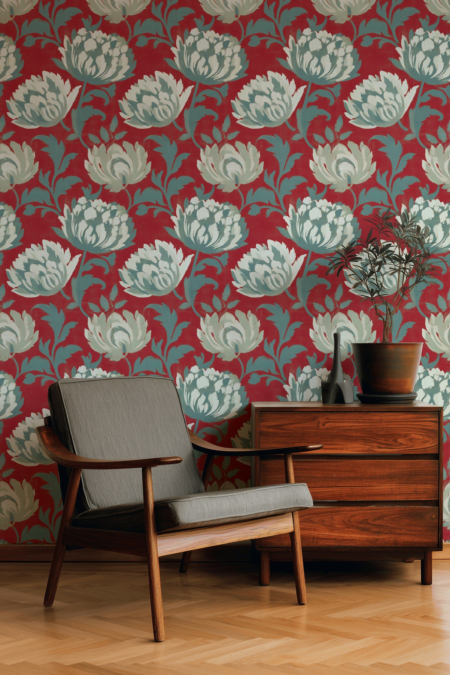 Crimson Red with Teal Large Floral Wallpaper