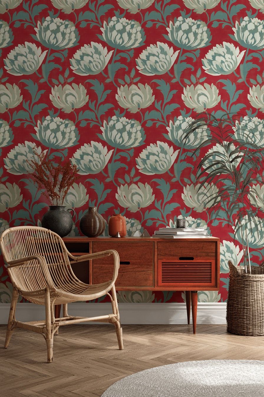 Crimson Red with Teal Large Floral Wallpaper