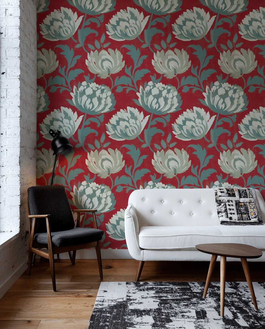 Bold Floral Wallpaper Red Background Large Blossom Wall Mural