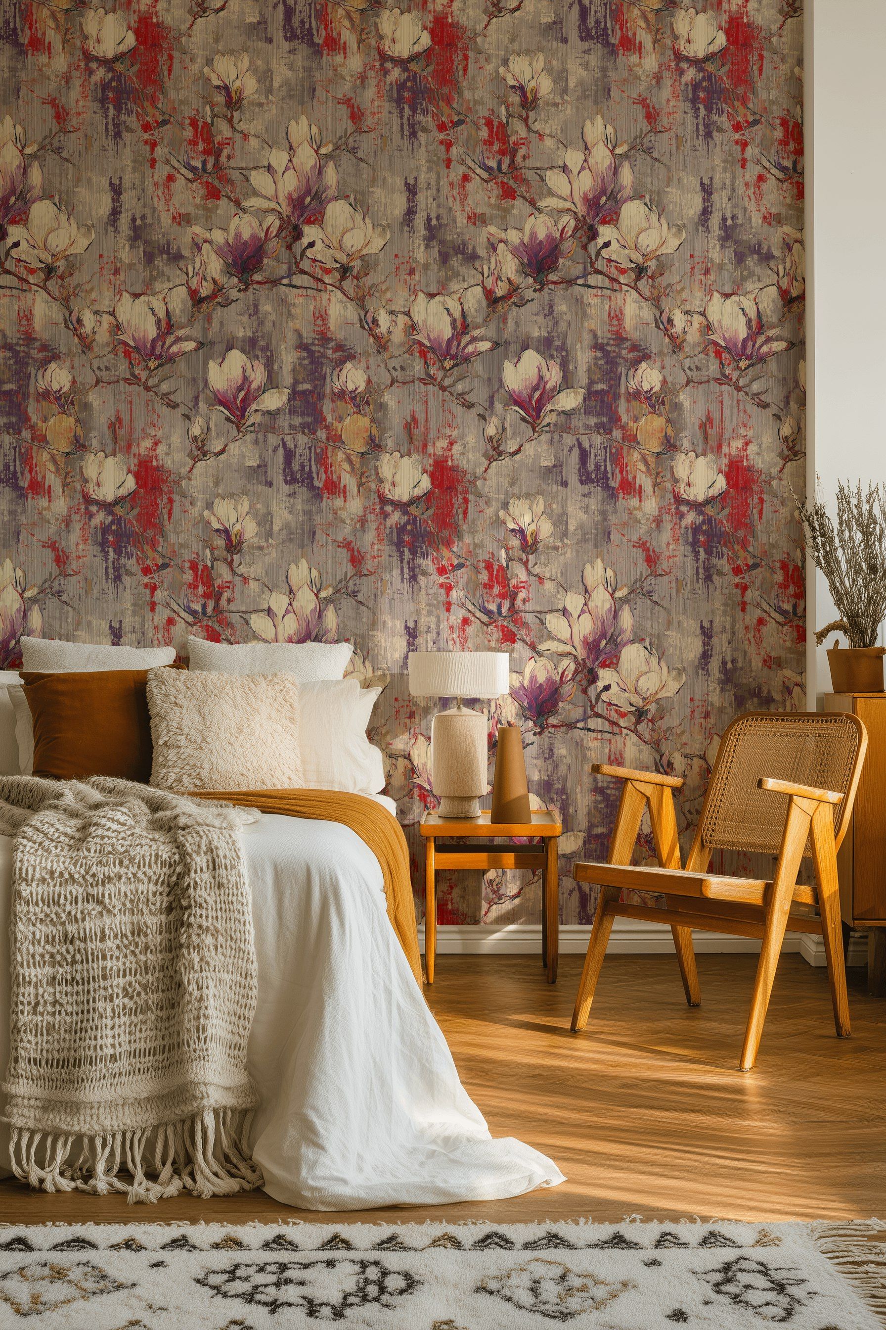 Neutral Gray and Red Magnolia Floral Wallpaper