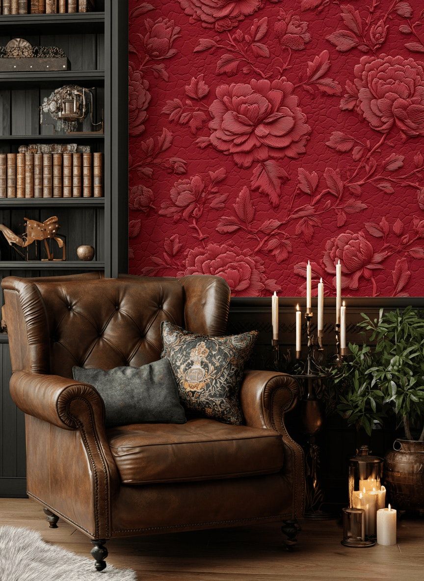 Rich Burgundy Embossed Floral Wallpaper