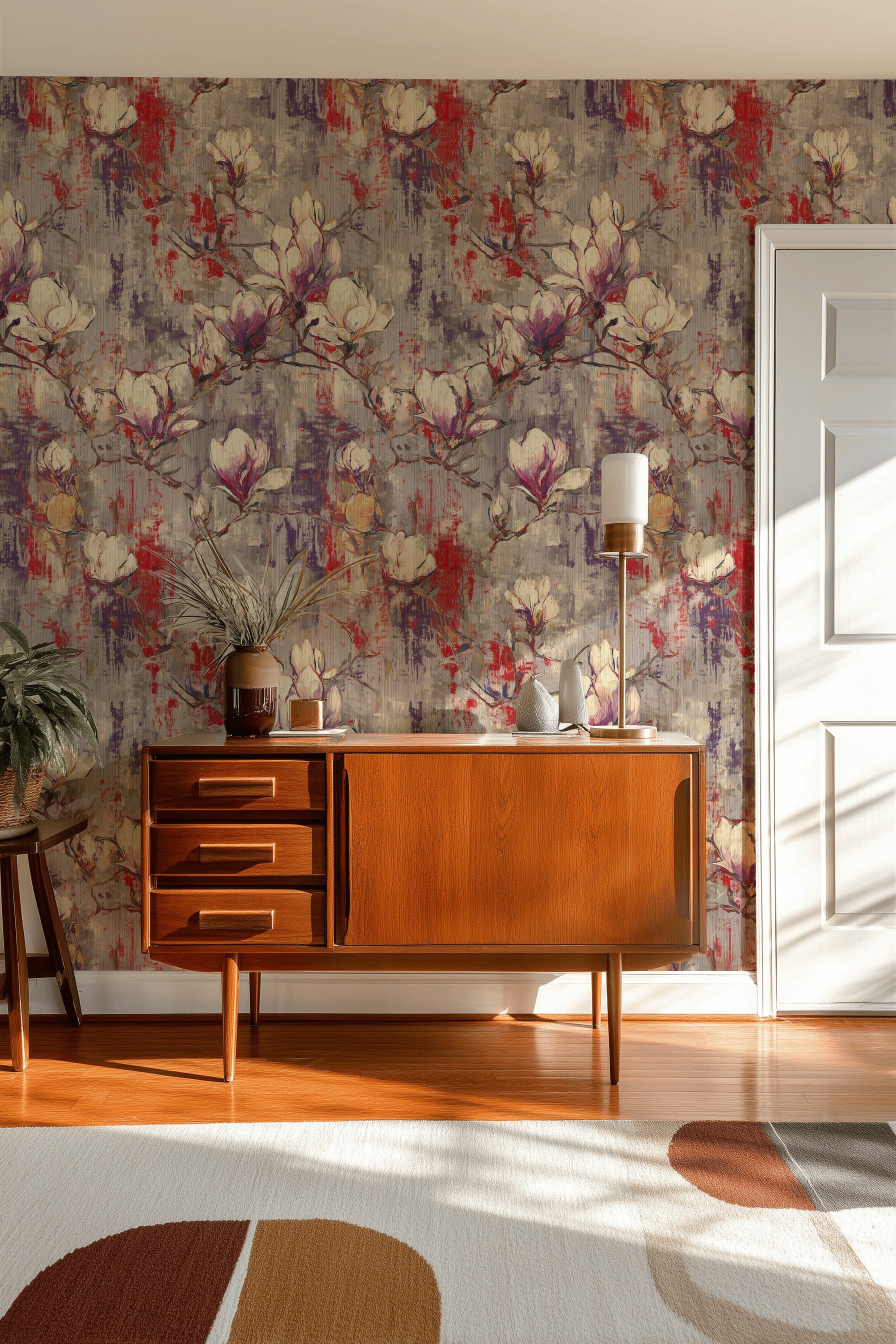 Neutral Gray and Red Magnolia Floral Wallpaper