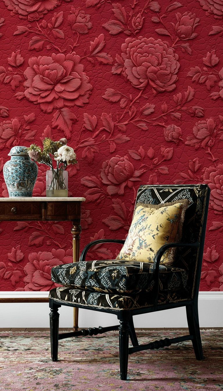 Rich Burgundy Embossed Floral Wallpaper