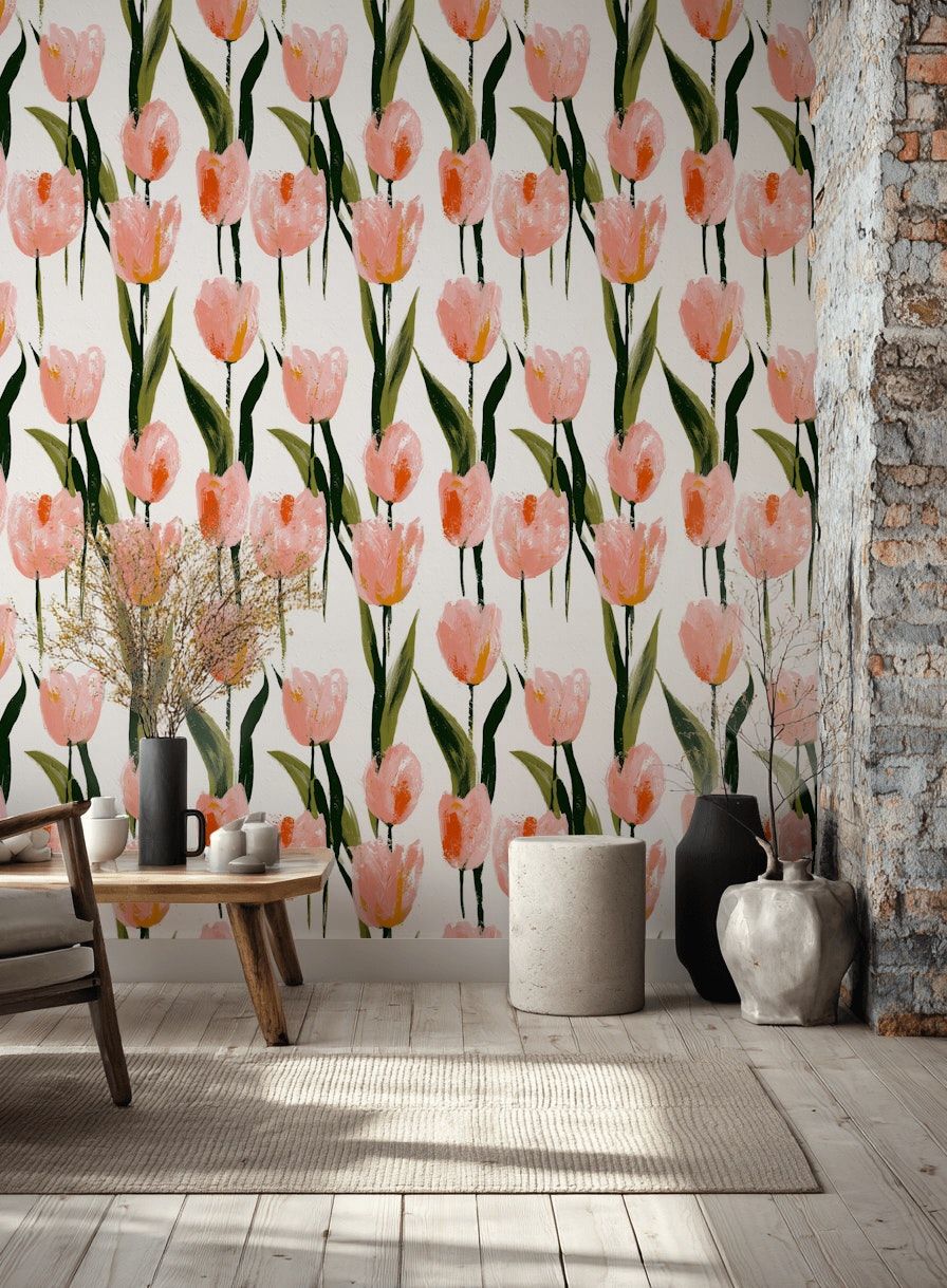 Cream and Pink Tulip Floral Wallpaper