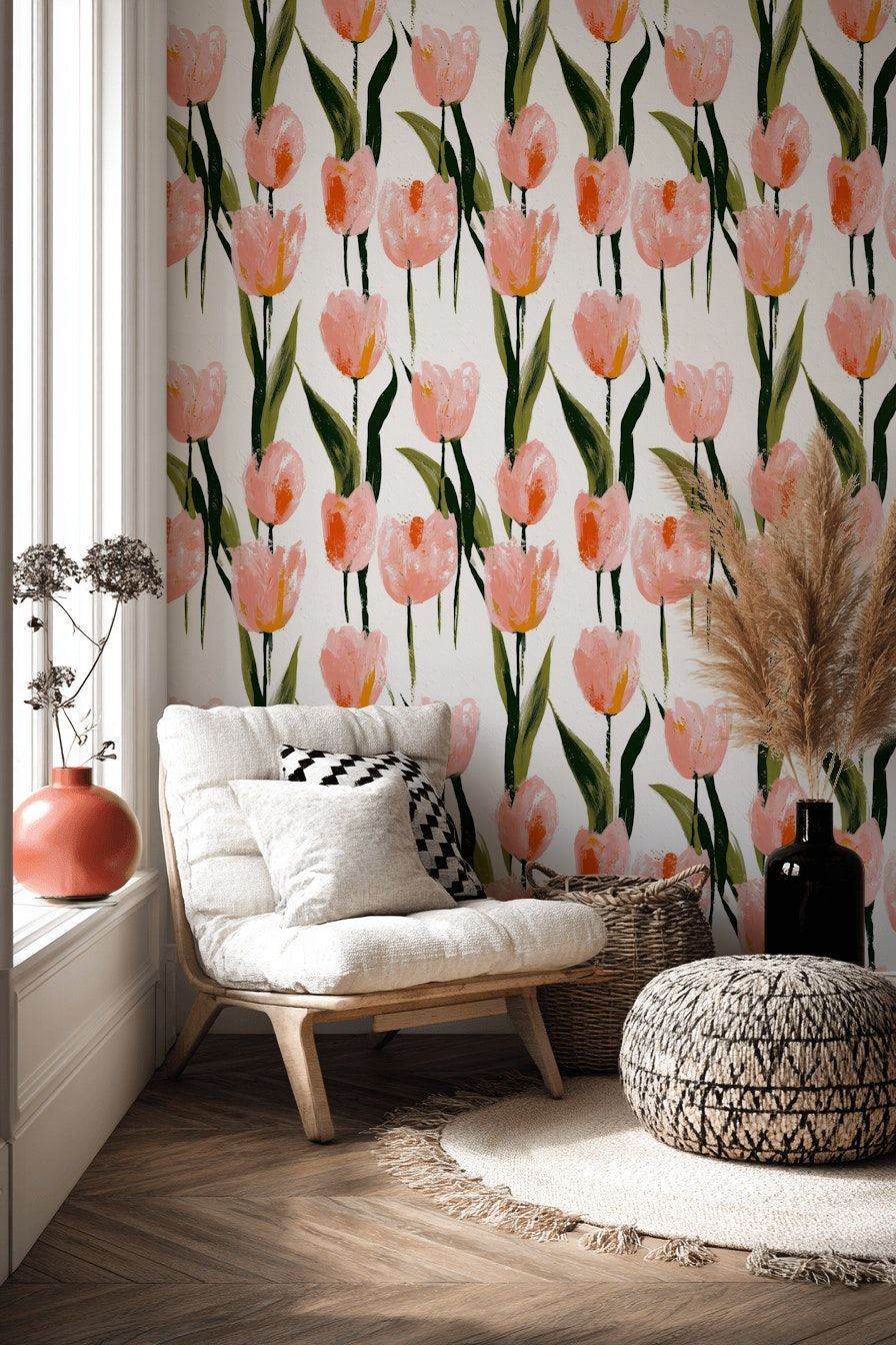 Cream and Pink Tulip Floral Wallpaper