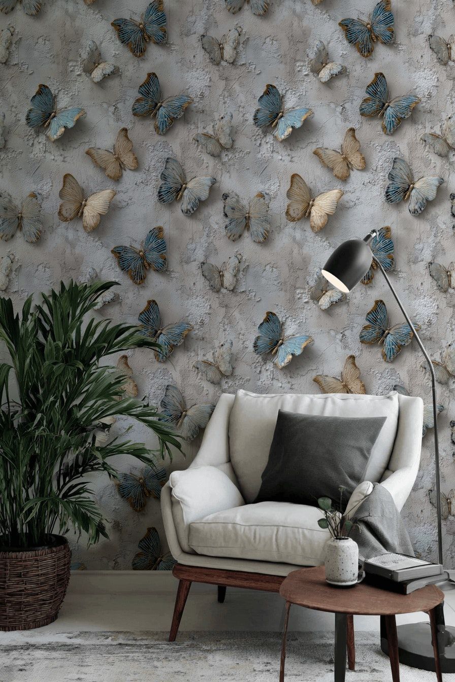 Textured Gray and Blue Butterfly Wallpaper