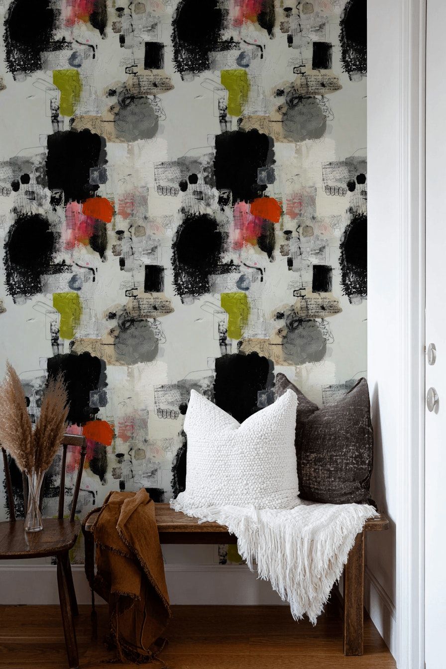 Cream and Black Abstract Mid-Century Vibe Wallpaper