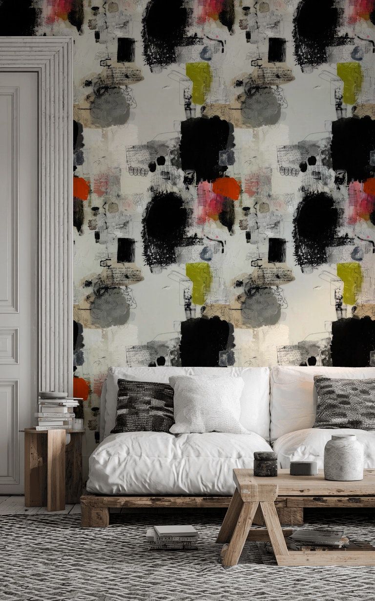 Cream and Black Abstract Mid-Century Vibe Wallpaper