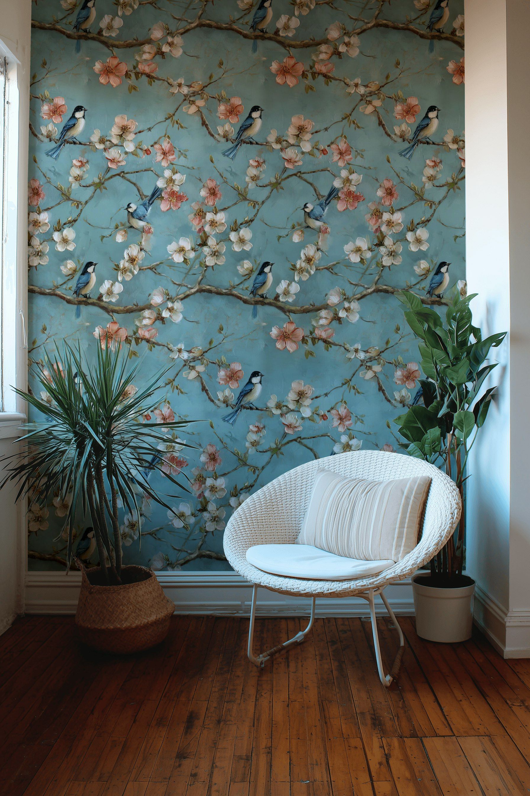 Pastel Blue Cherry Blossom Bird Wallpaper