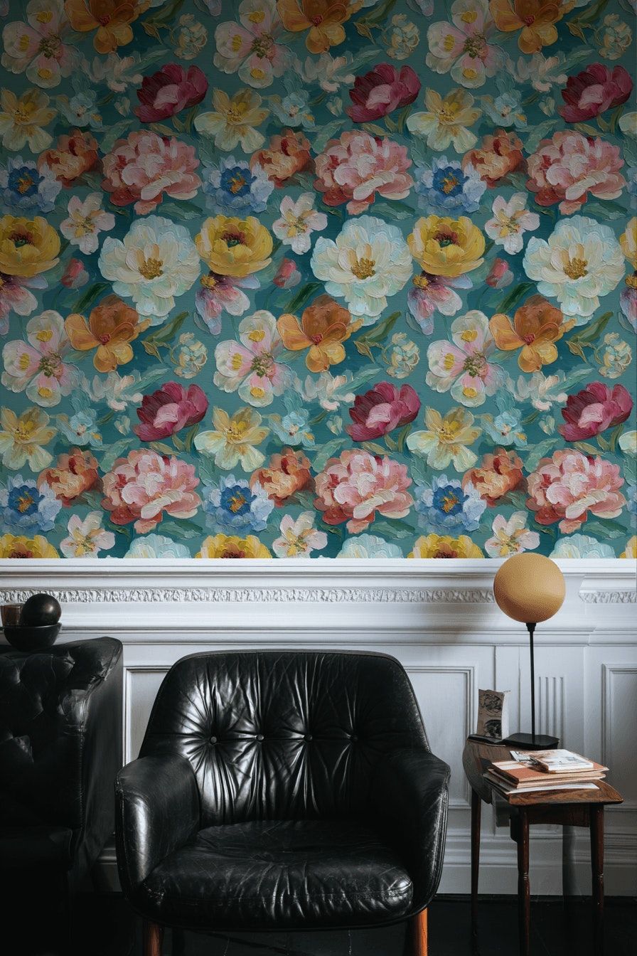 Teal Blue Multicolor Floral Pattern Wallpaper