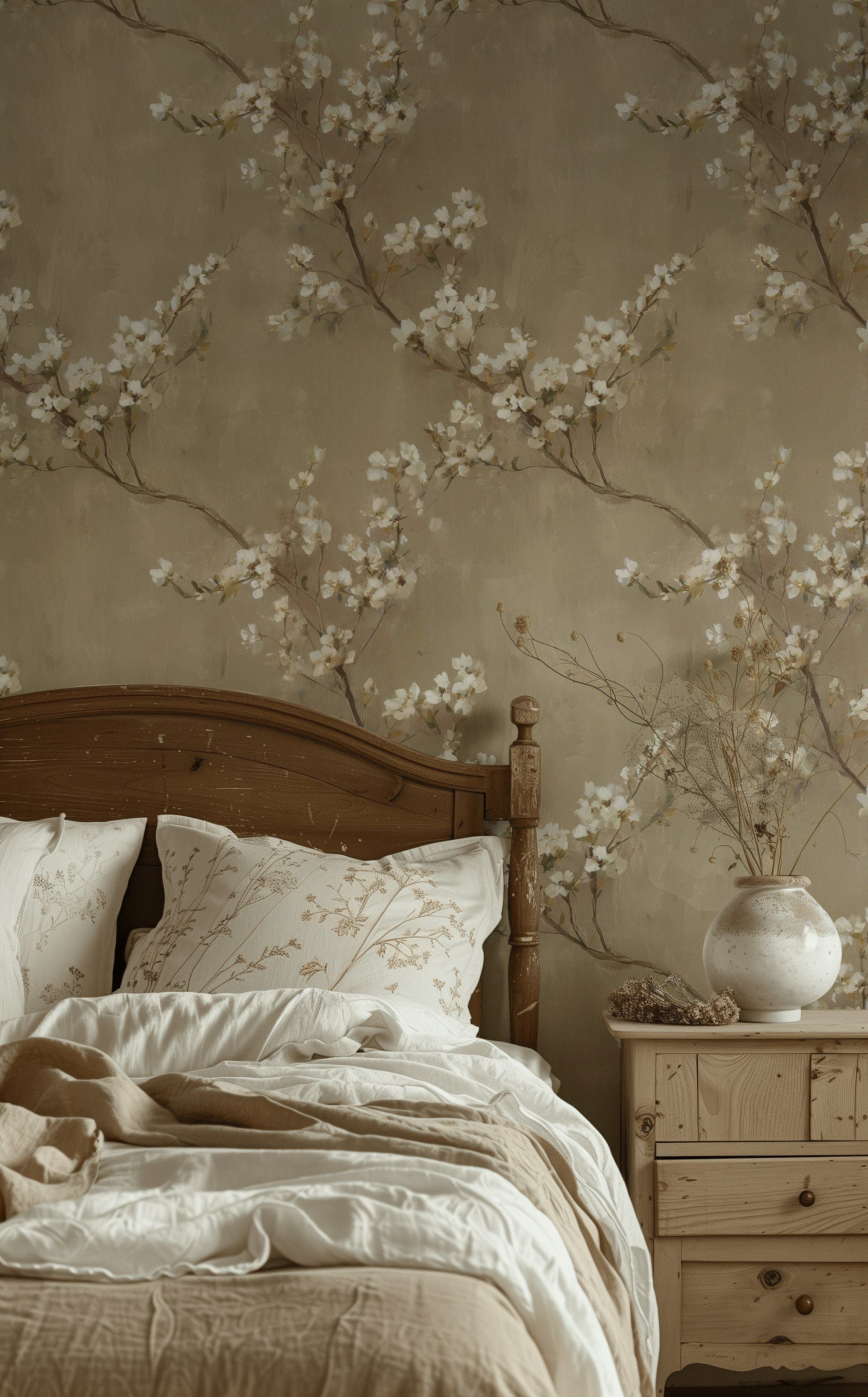 Warm Beige Cherry Blossom Floral Wallpaper