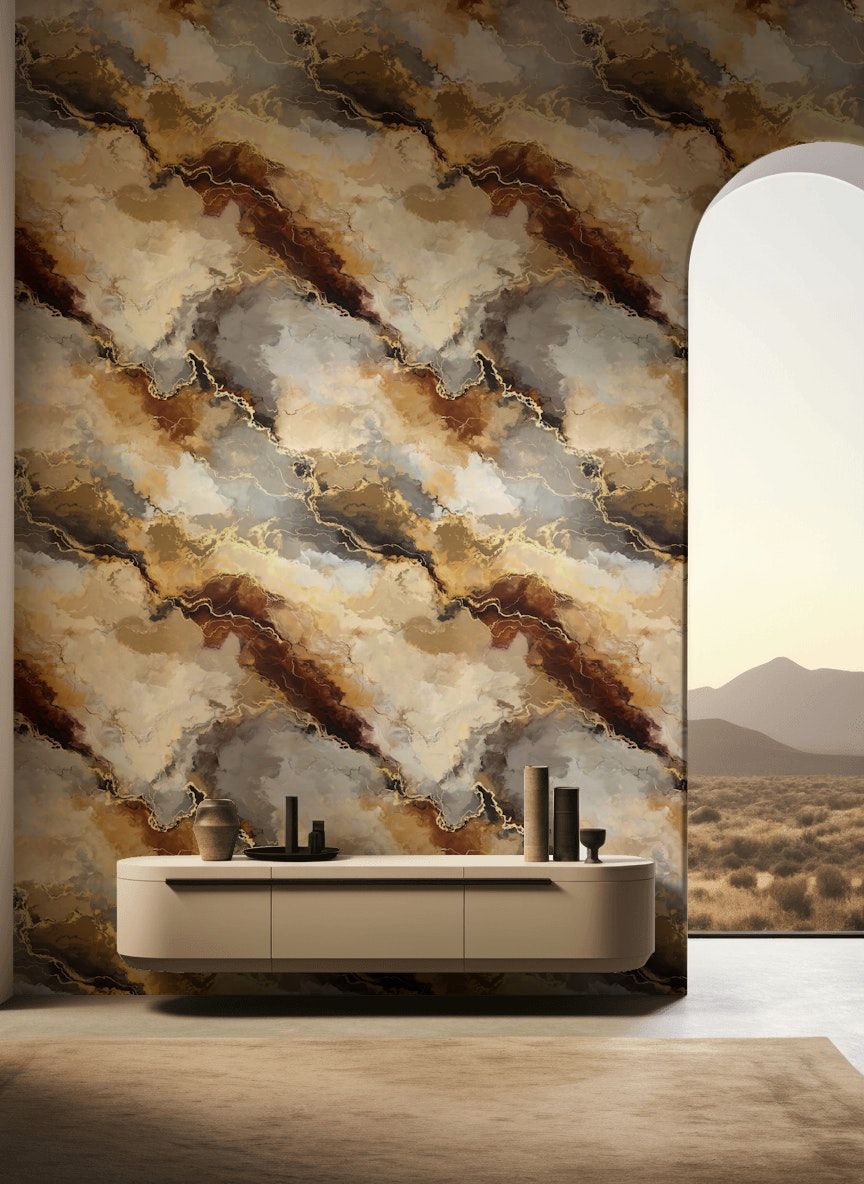 Rich Earth Tone Abstract Marble Wallpaper