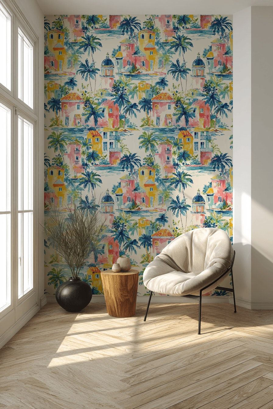 Tropical Coastal Village Wallpaper Palm Tree Wall Mural