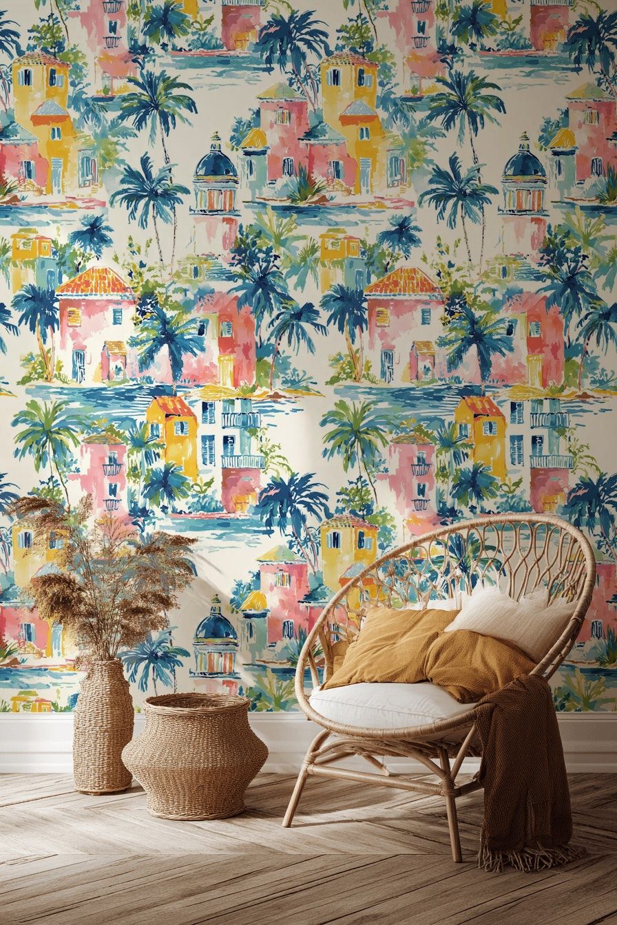 Tropical Coastal Village Wallpaper Palm Tree Wall Mural