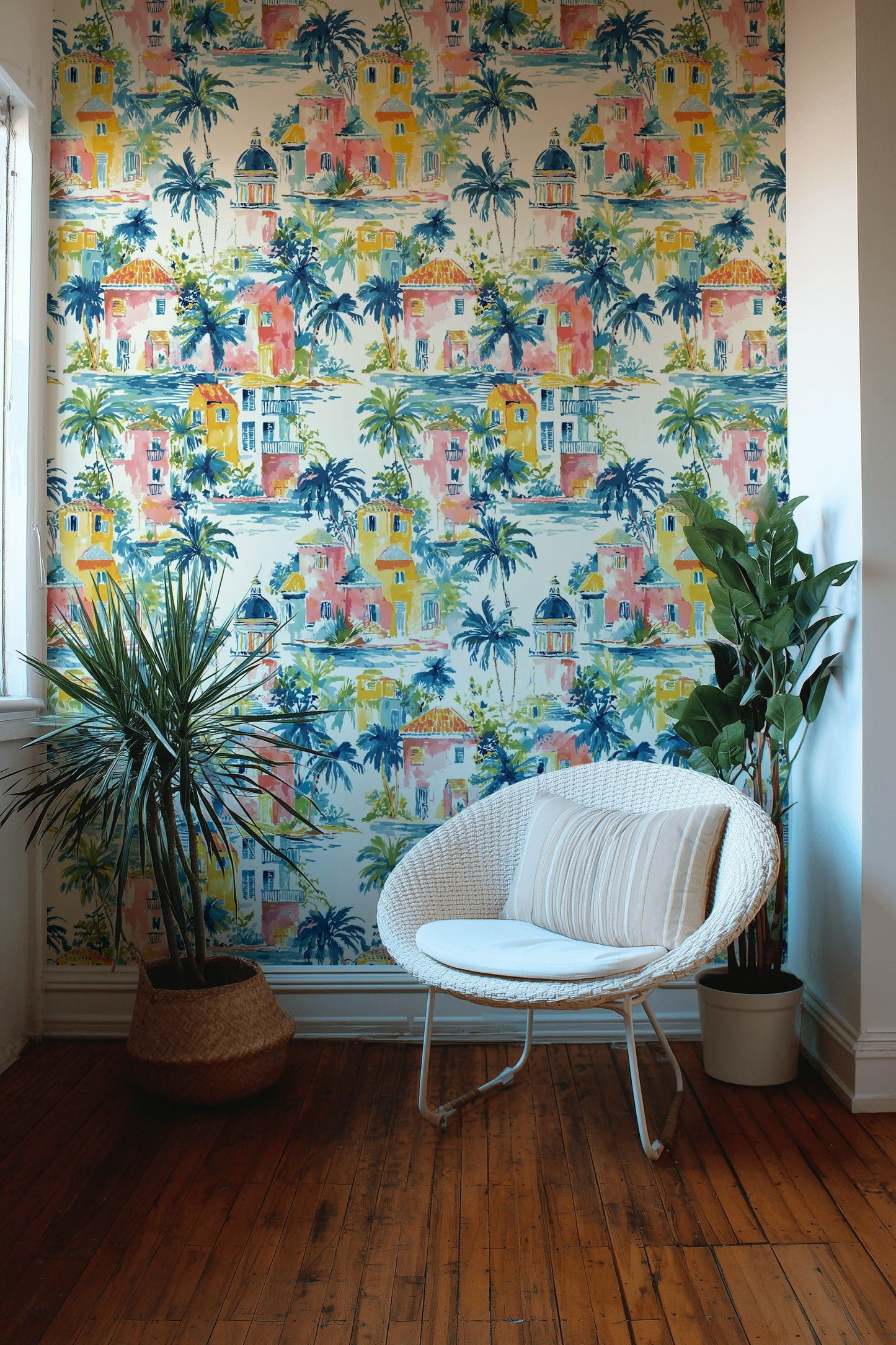 Tropical Coastal Village Wallpaper Palm Tree Wall Mural