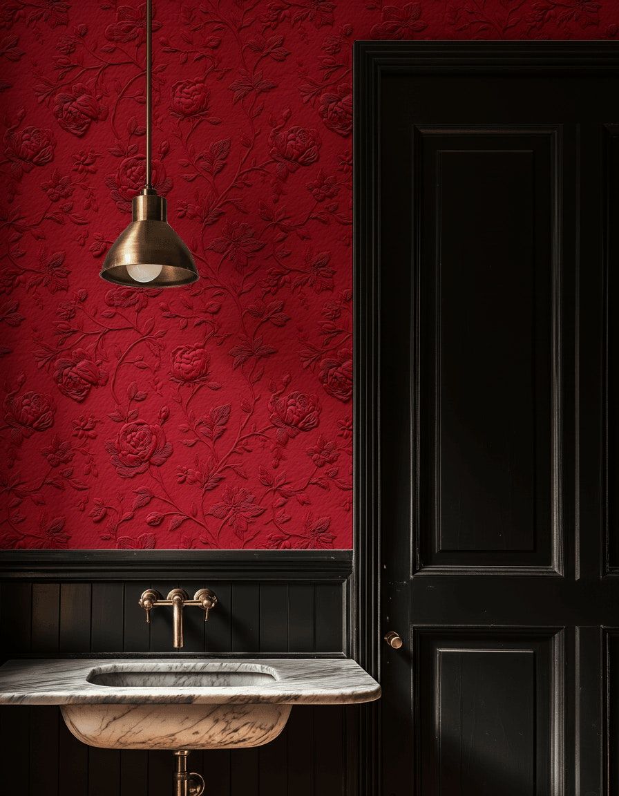 Rich Crimson Embossed Rose Floral Wallpaper
