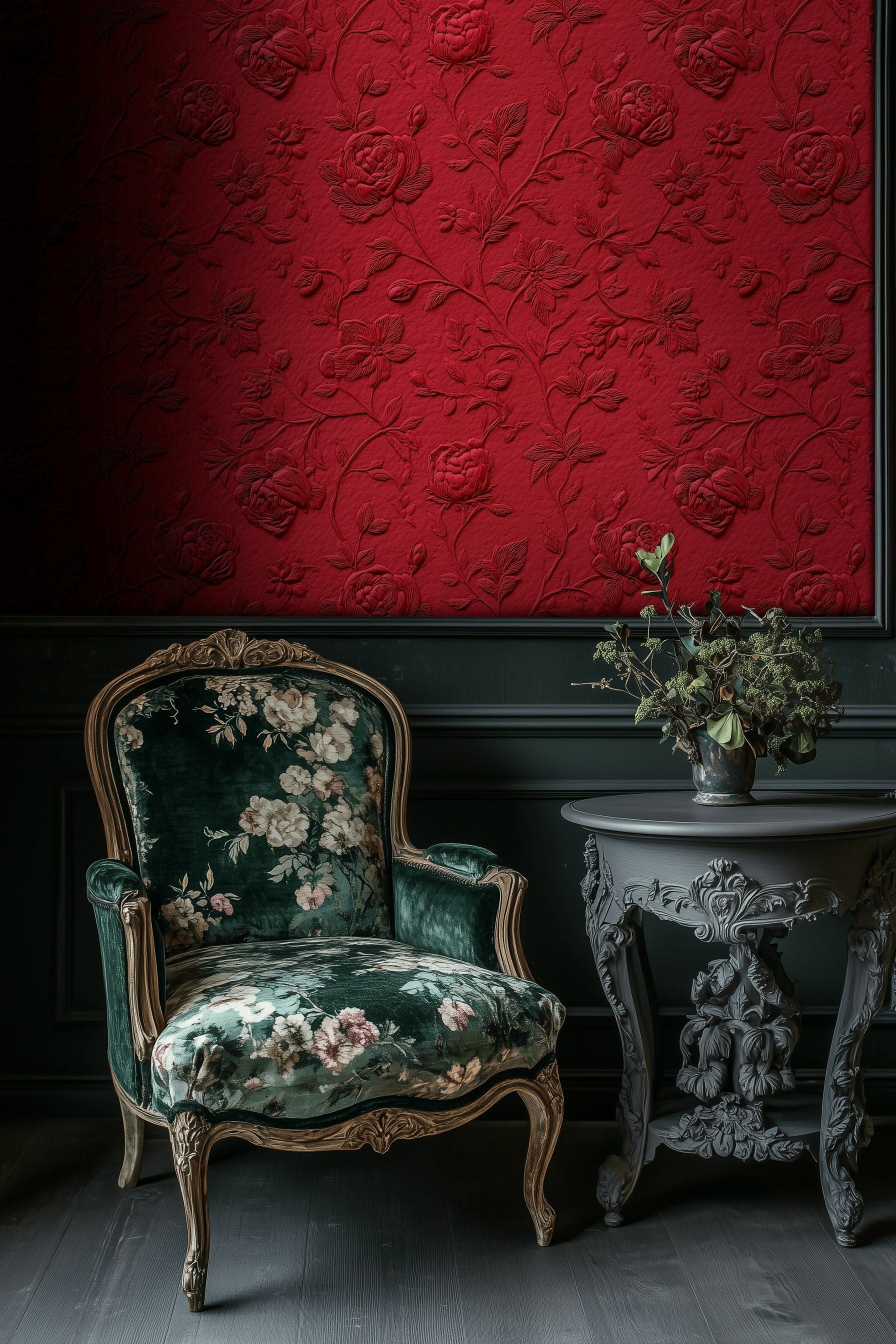 Rich Crimson Embossed Rose Floral Wallpaper