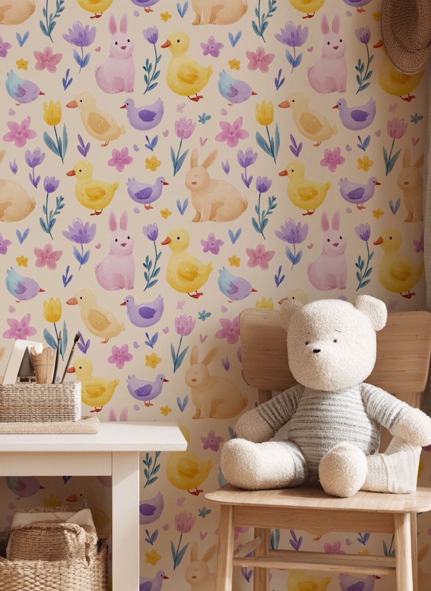 Cream Multicolor Animal and Floral Kids Wallpaper