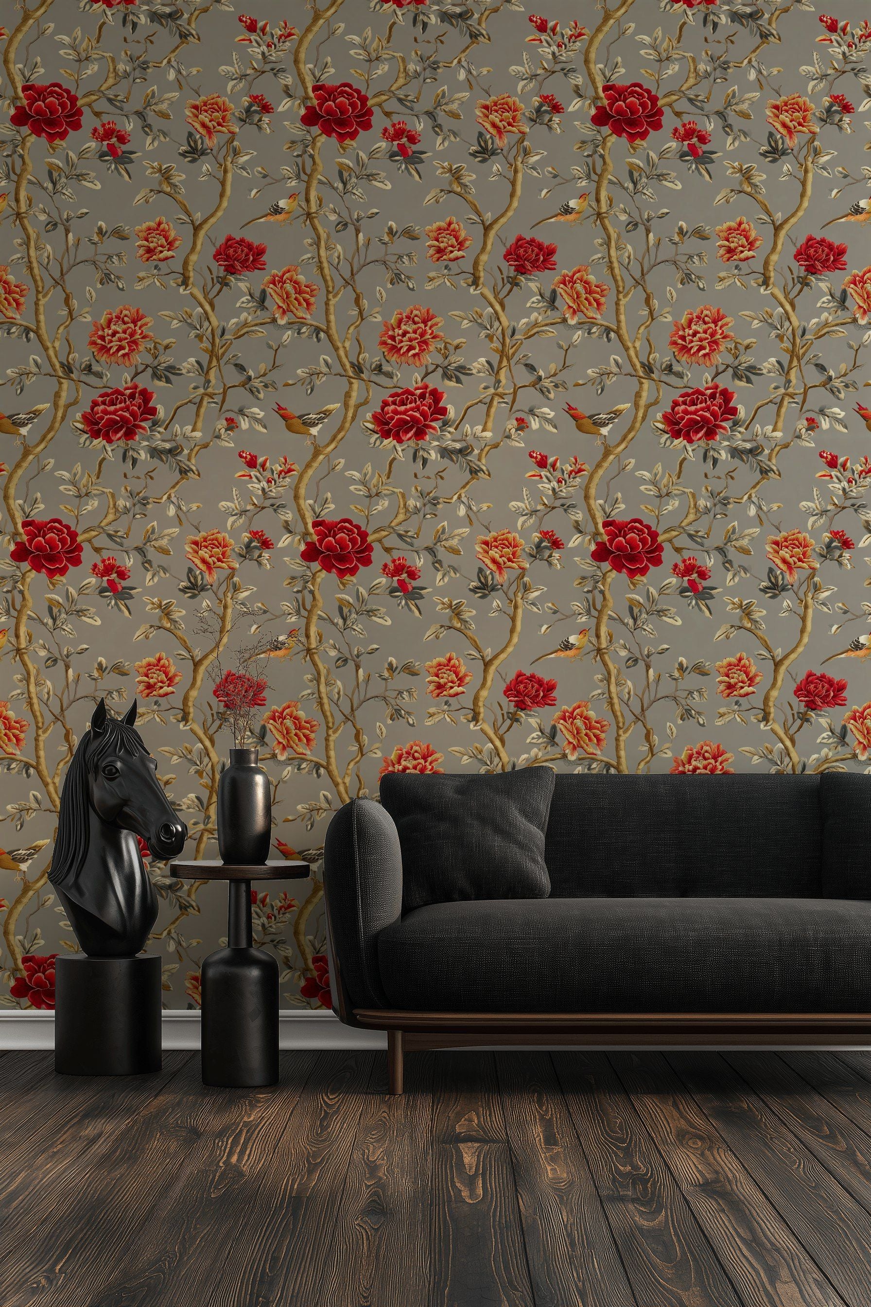 Deep Red Rose and Bird Botanical Wallpaper
