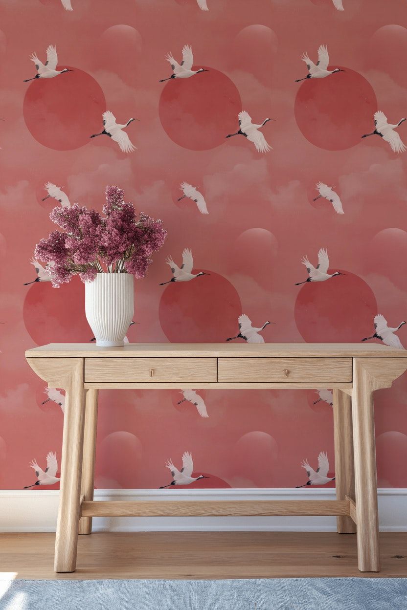 Cranes In Flight Wallpaper Pink And White Minimal Wall Mural