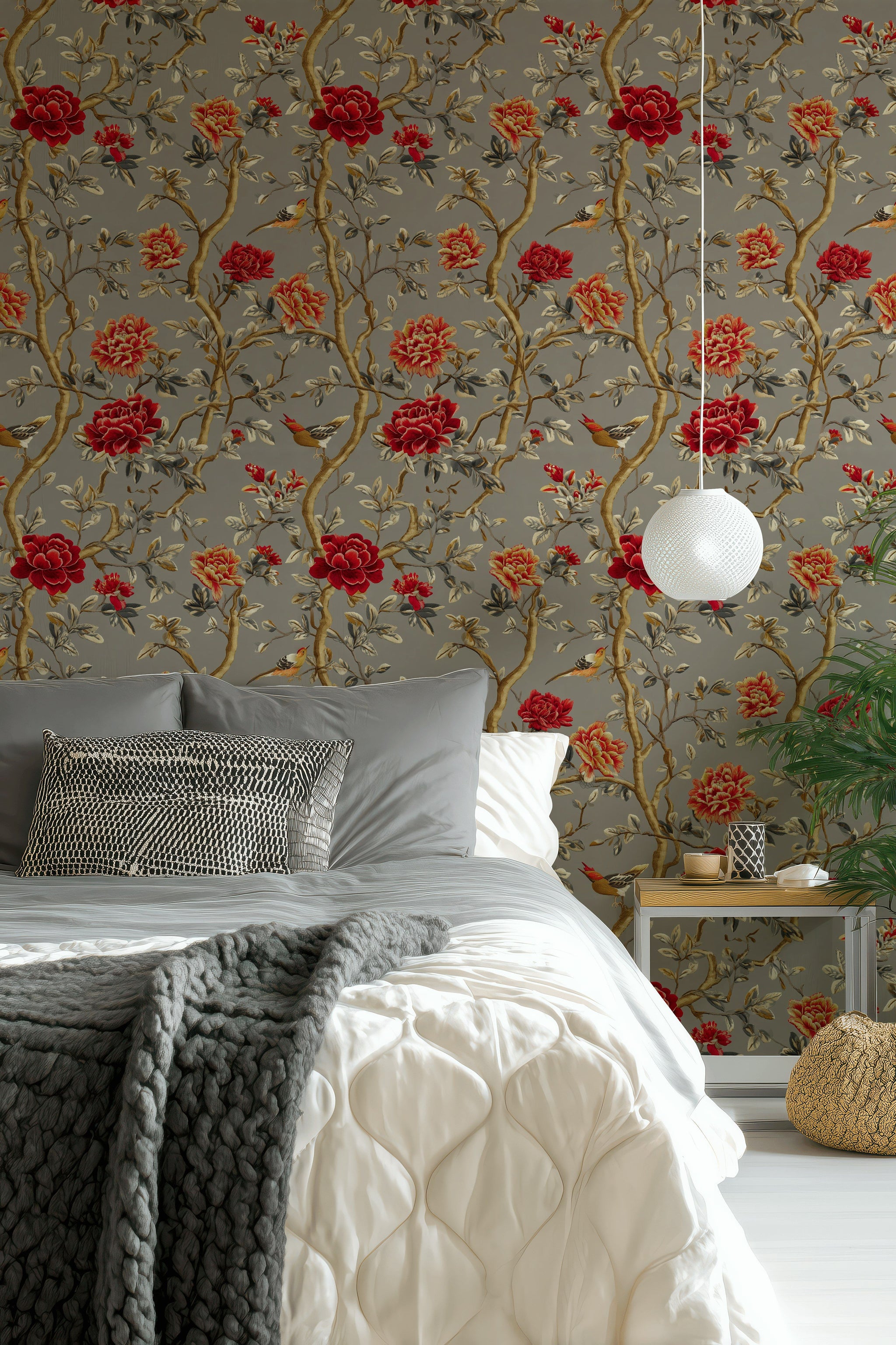 Deep Red Rose and Bird Botanical Wallpaper