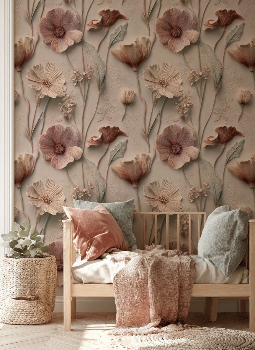 Blush Beige Textural Floral Pattern Wallpaper