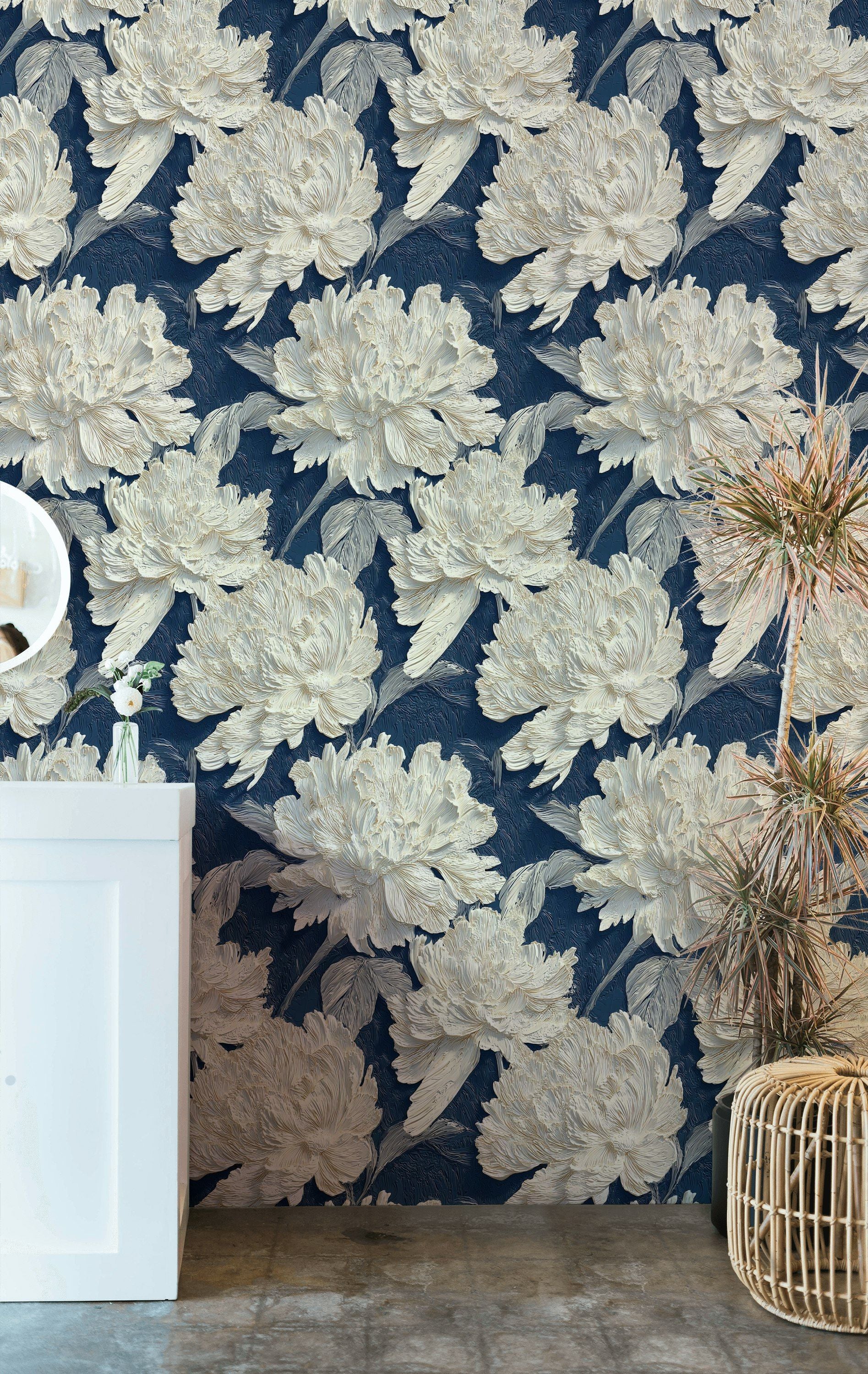 Ivory Peony on Deep Navy Floral Wallpaper