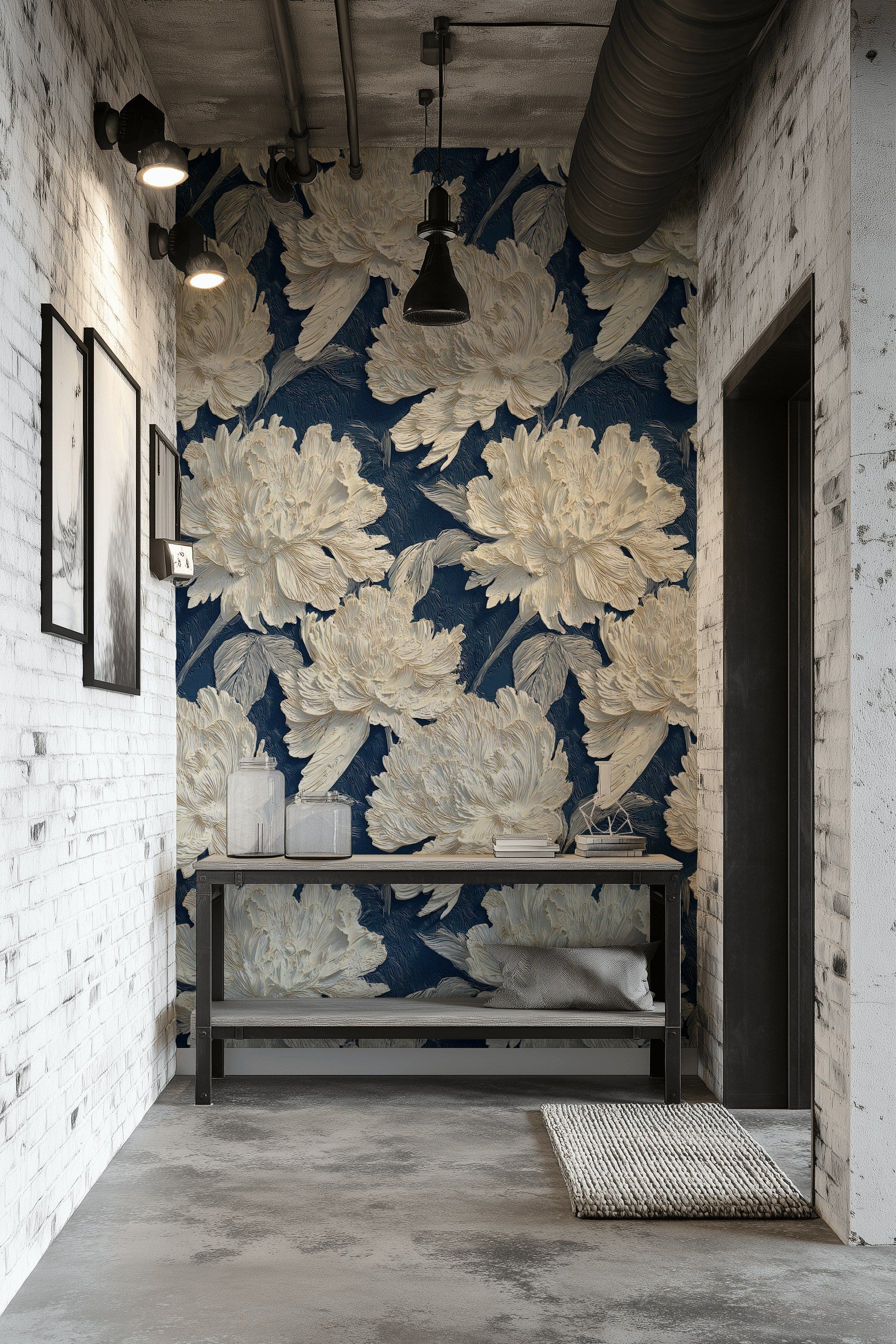 Ivory Peony on Deep Navy Floral Wallpaper