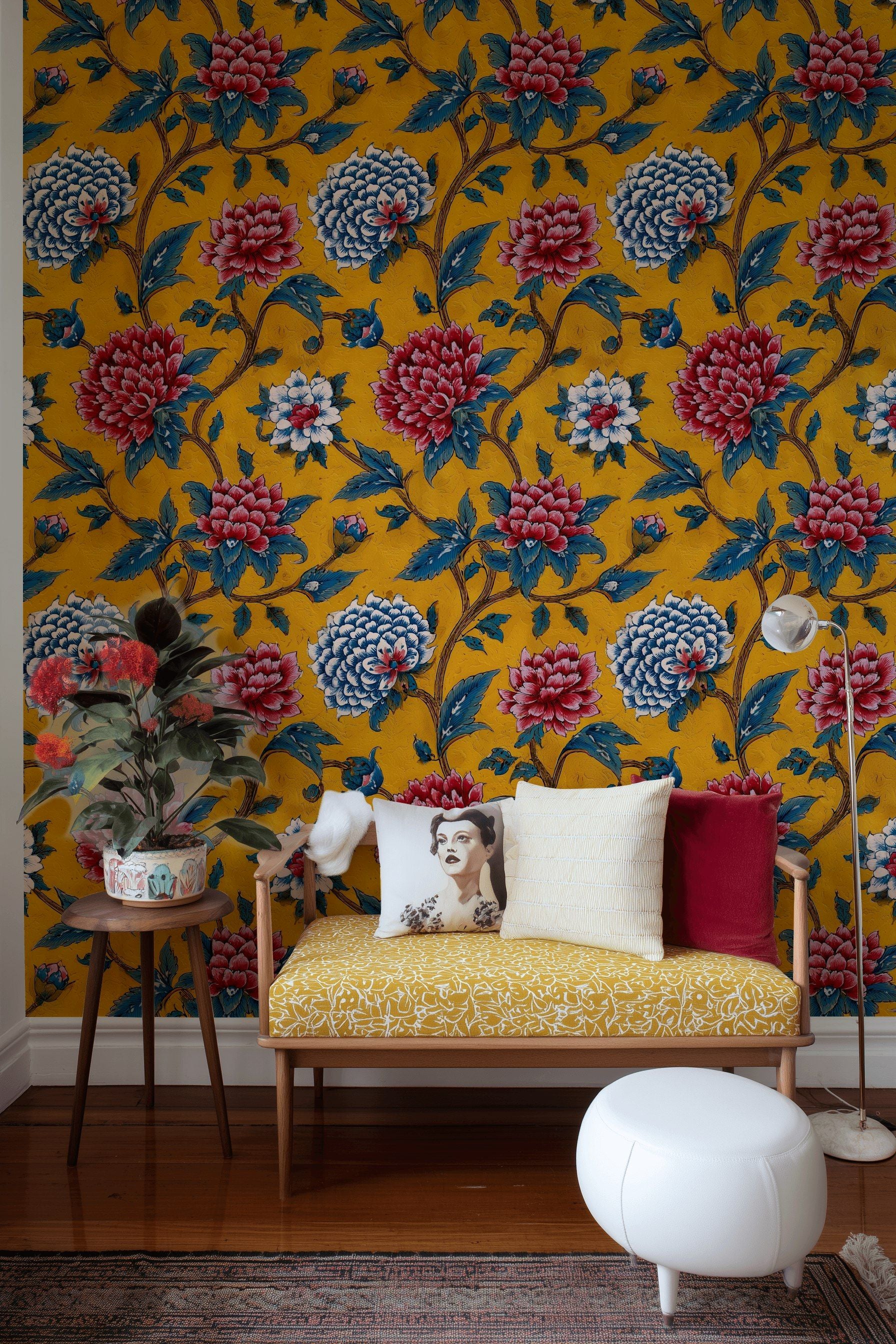 Bold Yellow and Red Dahlia Floral Wallpaper