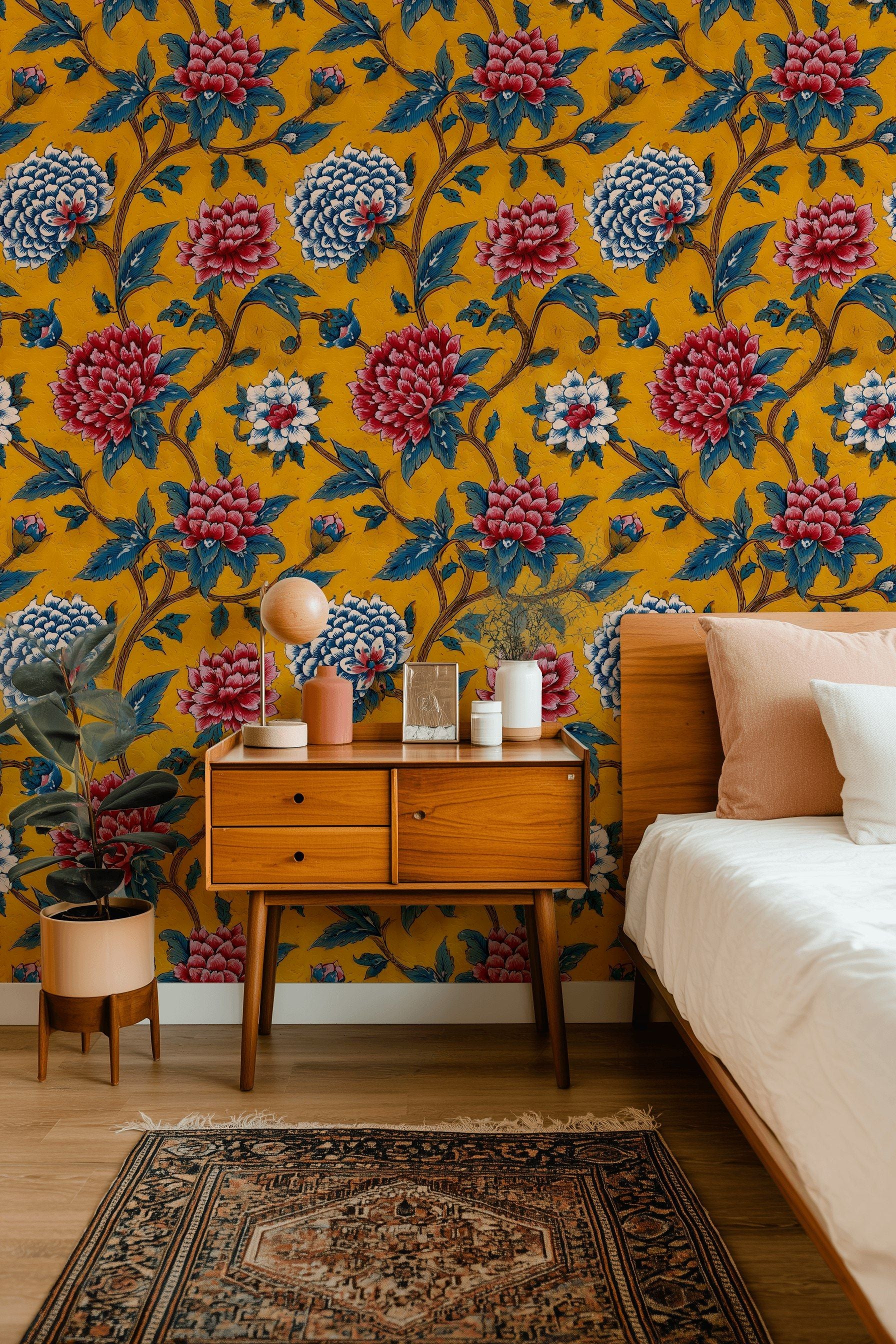 Bold Yellow and Red Dahlia Floral Wallpaper