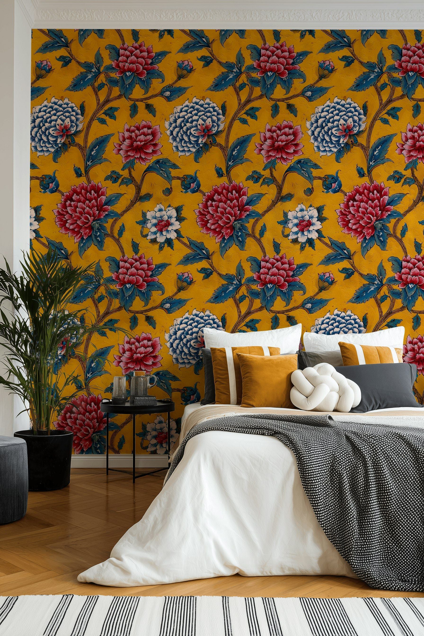 Bold Yellow and Red Dahlia Floral Wallpaper