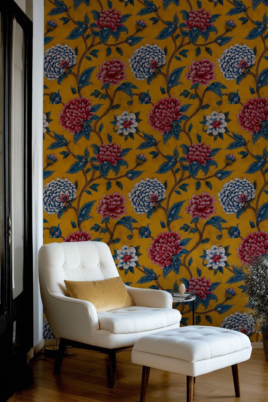 Bold Yellow and Red Dahlia Floral Wallpaper