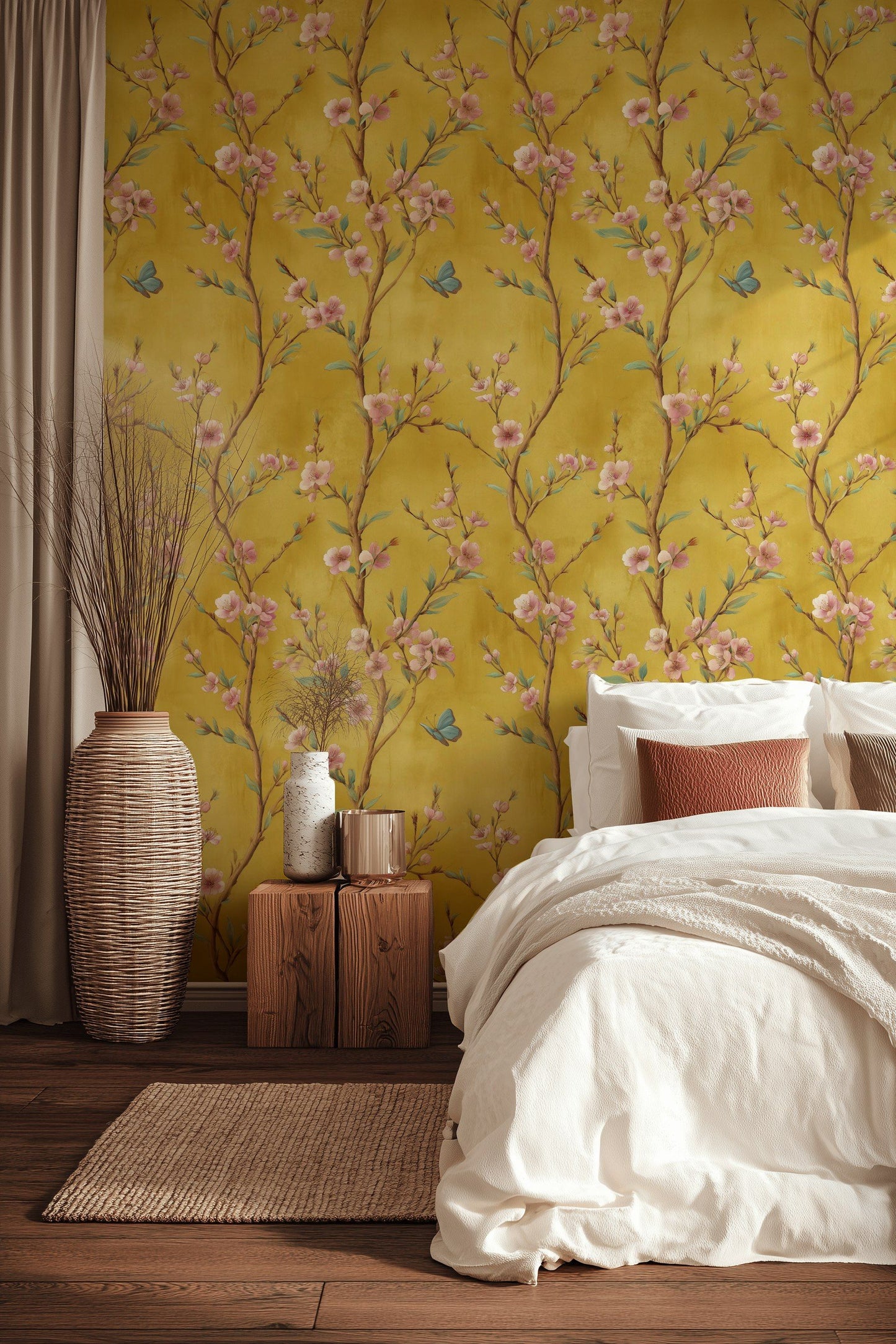 Golden Look Blossom Wallpaper Floral Chinoiserie Wall Mural