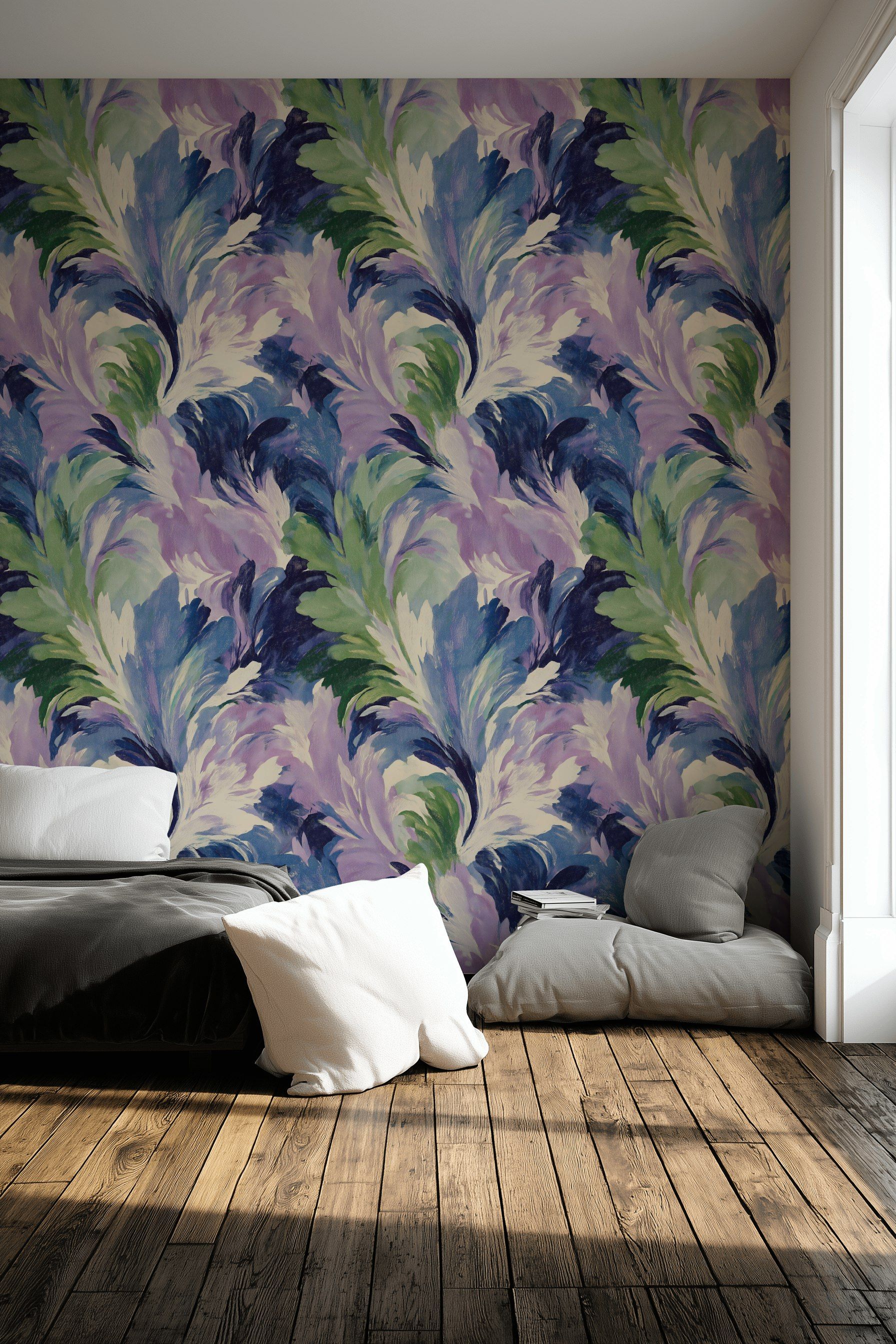 Vibrant Lilac and Green Abstract Swirl Wallpaper