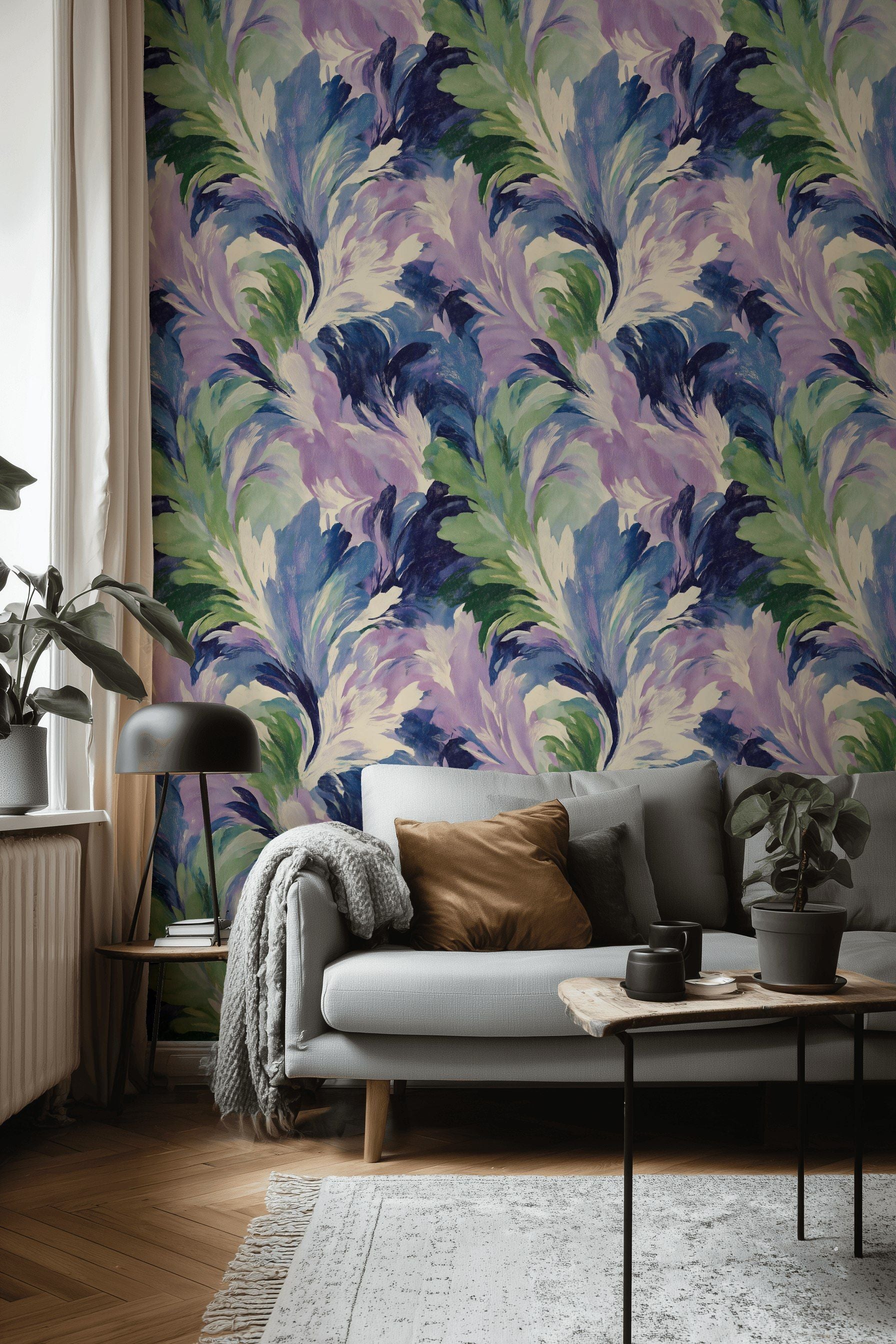 Vibrant Lilac and Green Abstract Swirl Wallpaper