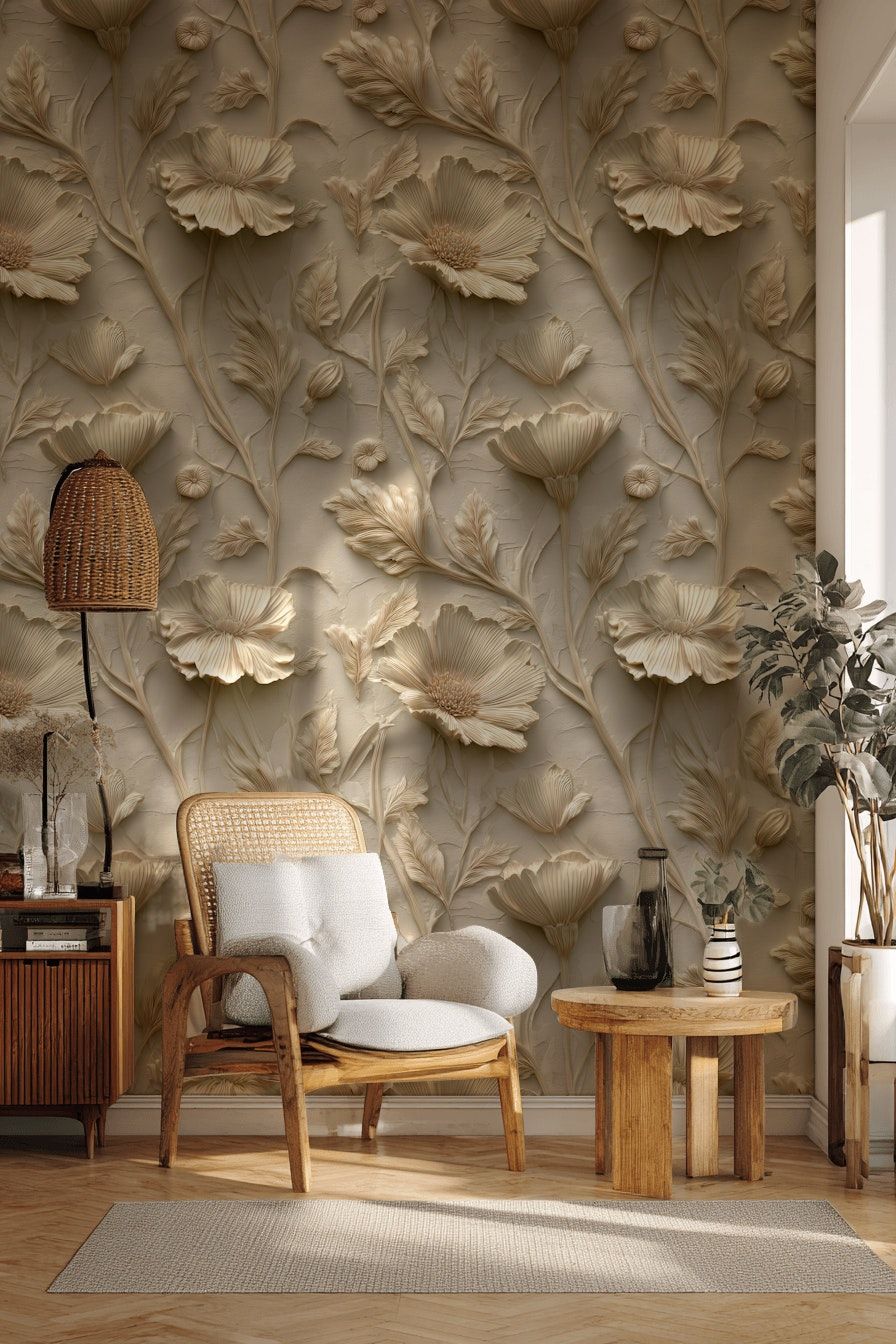3D Floral Wallpaper Beige Textured Wall Mural
