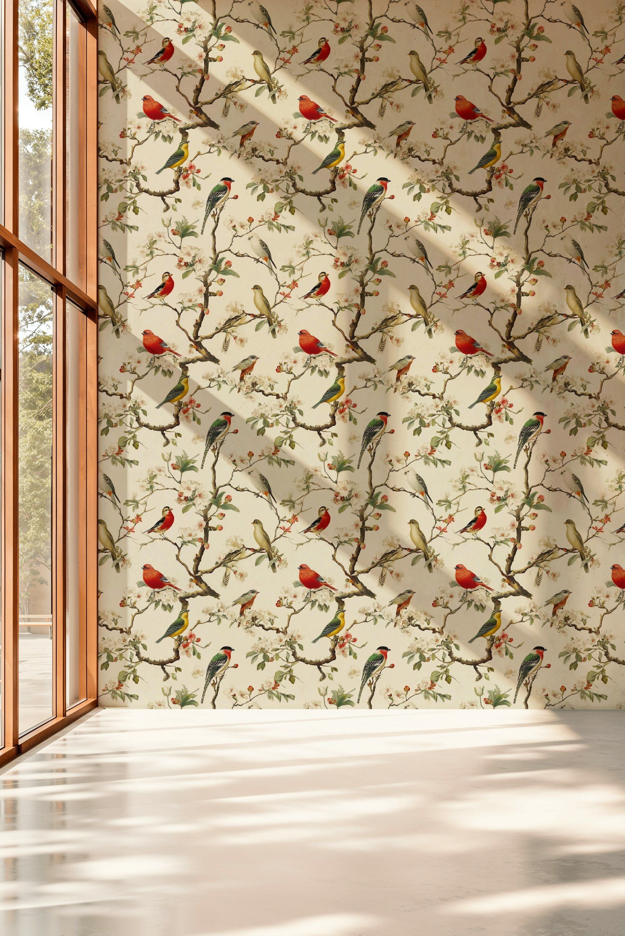 Cream Vintage Bird Botanical Wallpaper