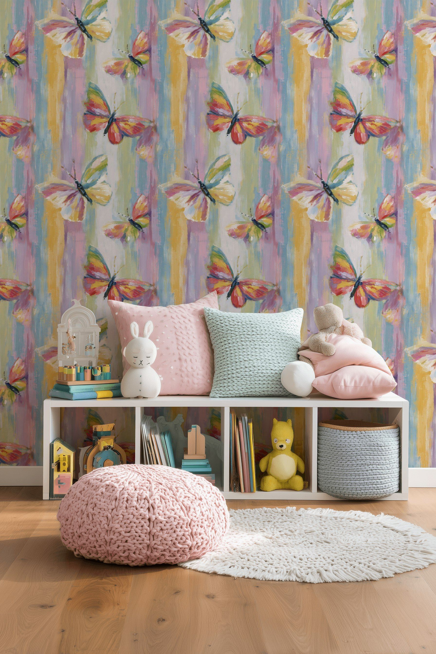 Multicolor Brushstroke Butterfly Pattern Wallpaper