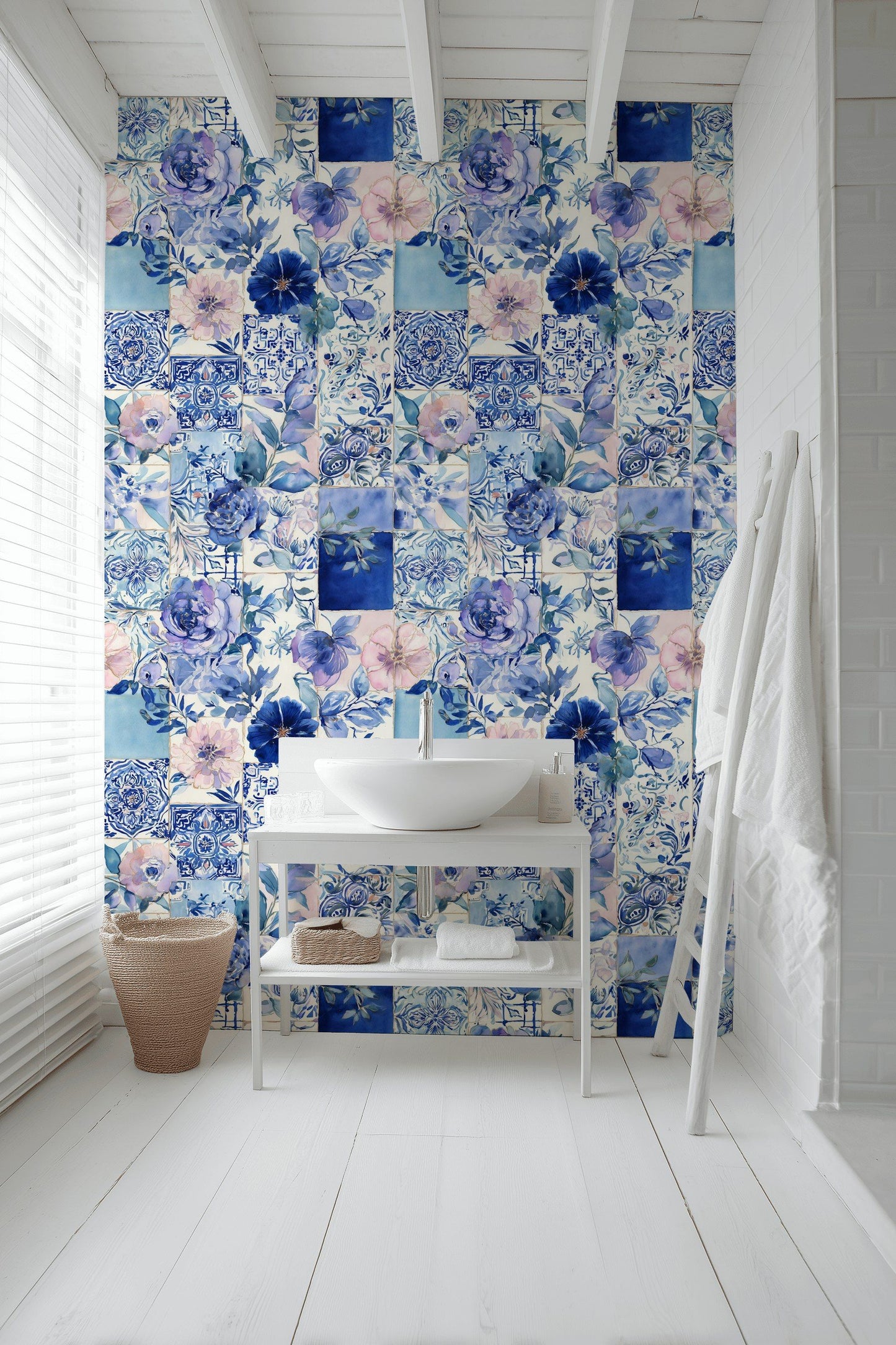 Blue Tile Floral Wallpaper Watercolor Mediterranean Wall Mural